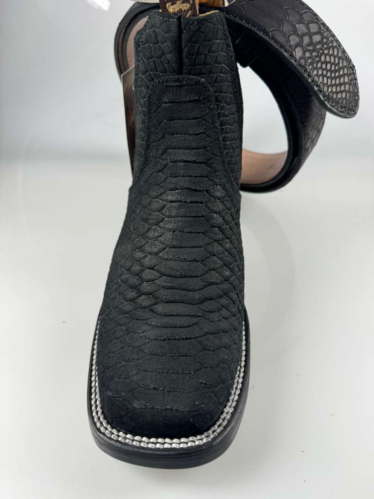 Black Python Cowboy Boots Square Toe by La Sierra + Matching Belt – Exotic Western Style