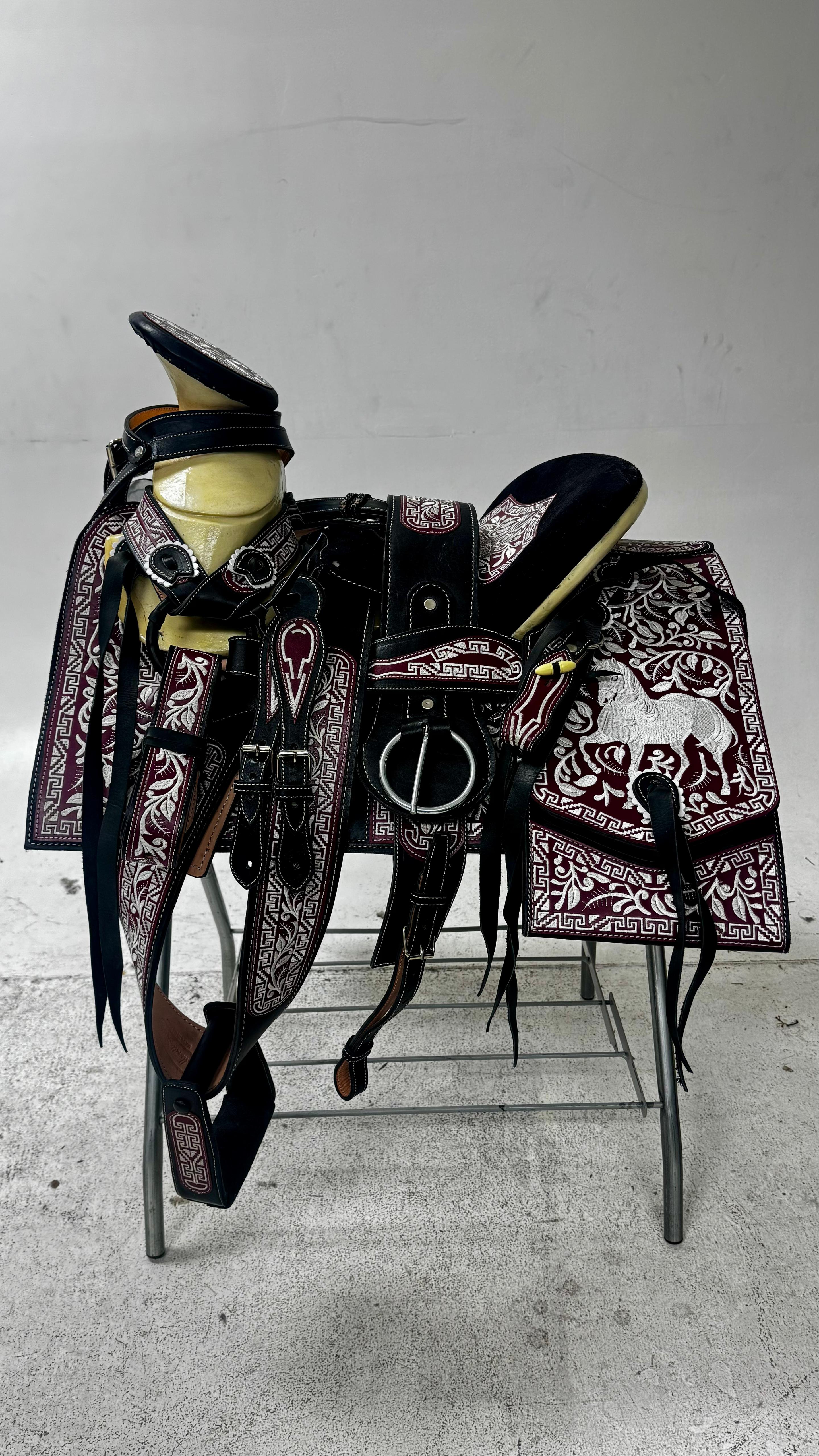 Charro Saddle - Black & Burgundy Floral 15.5"