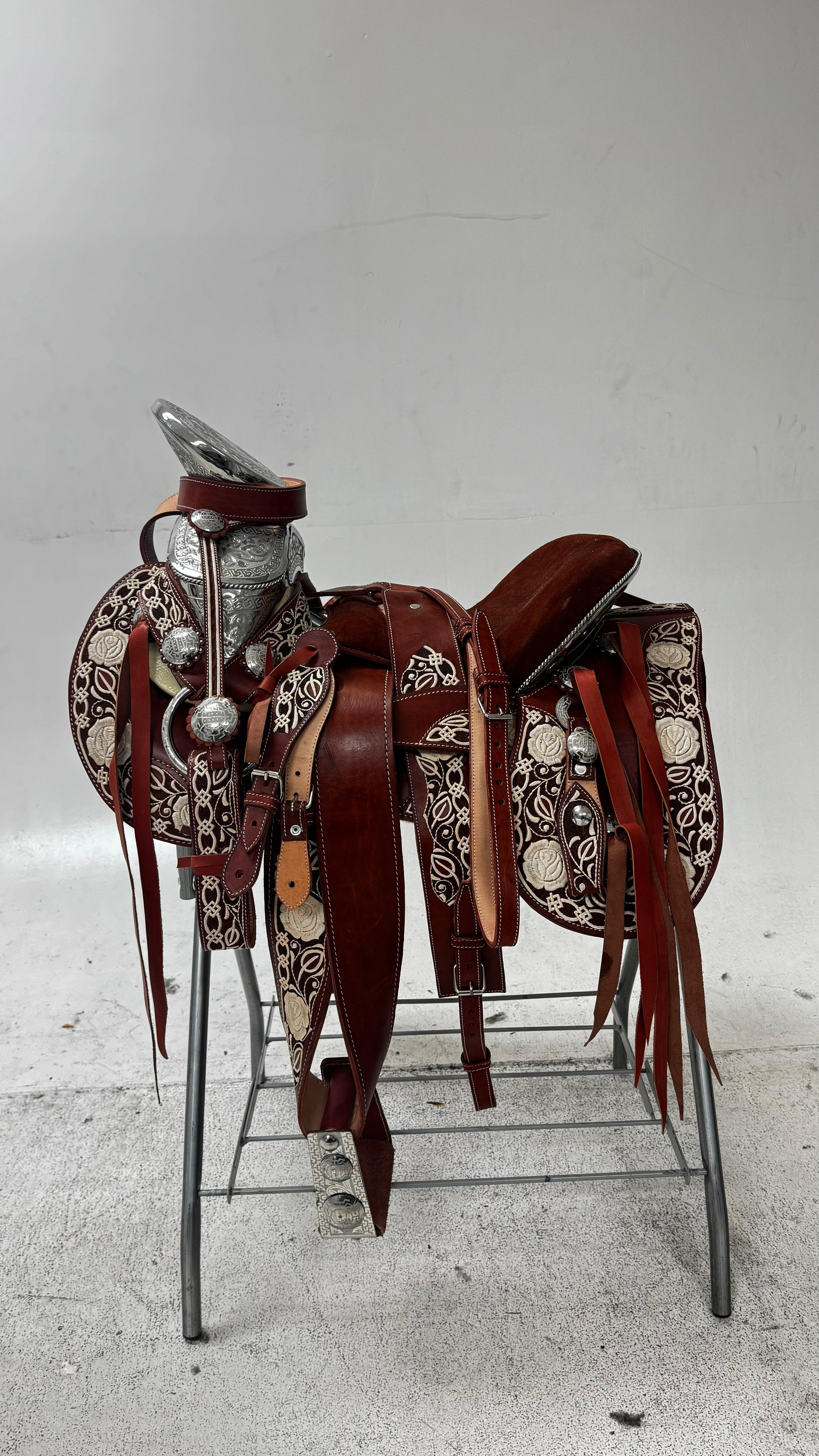 Charro Saddle – Red Floral Piteada Leather with Silver Accents (15.5”)