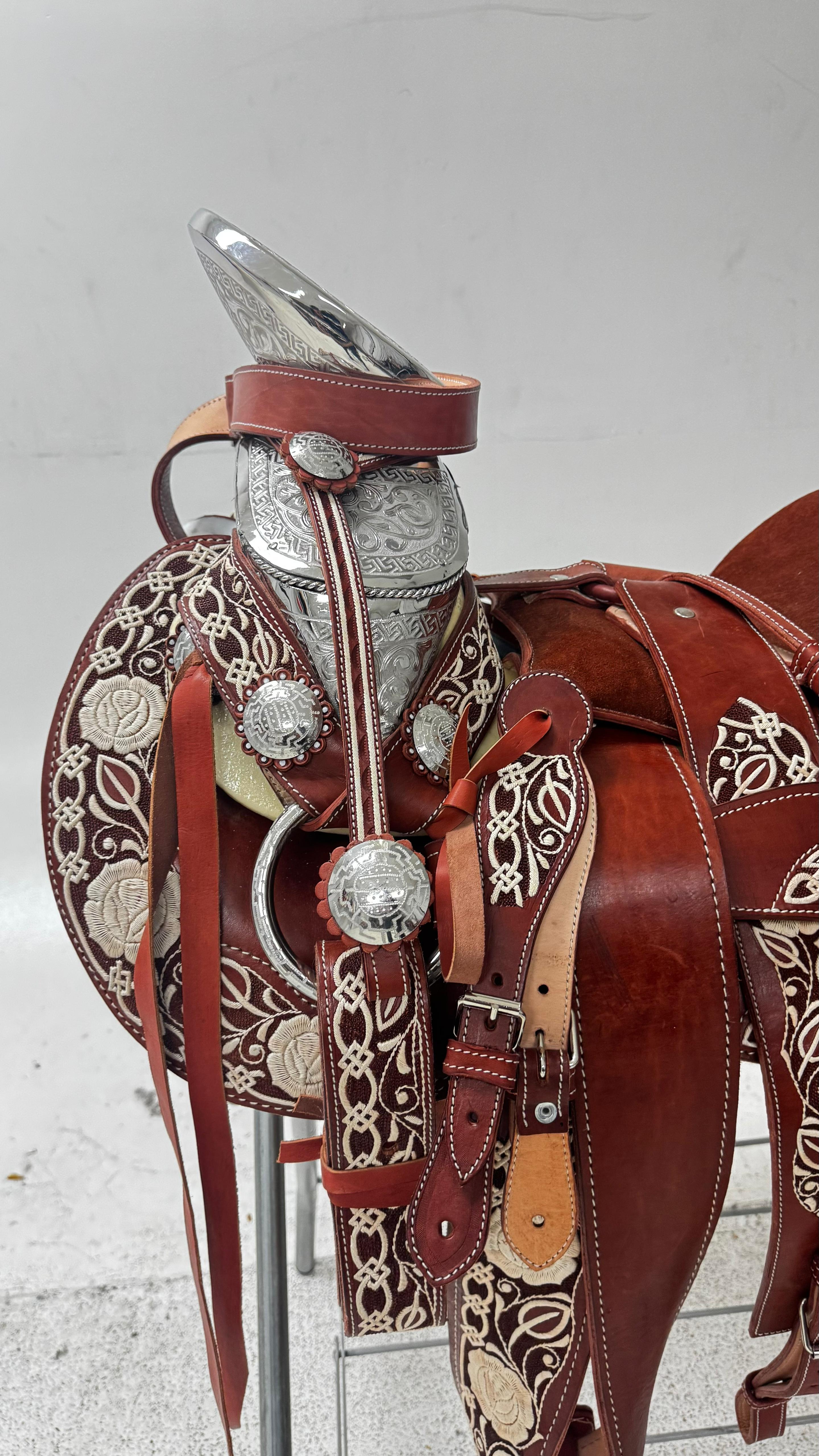 Charro Saddle – Red Floral Piteada Leather with Silver Accents (15.5”)