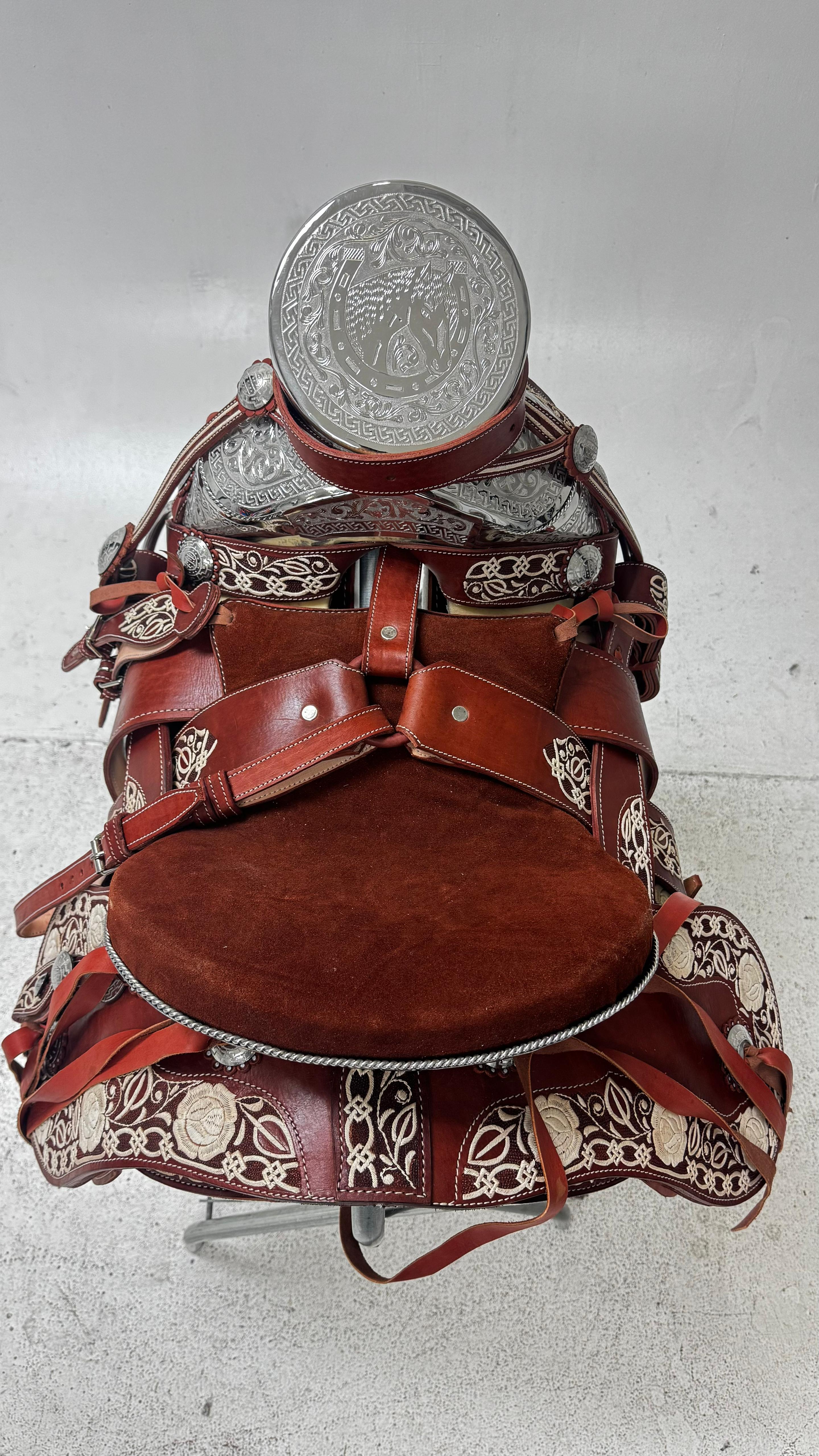 Charro Saddle – Red Floral Piteada Leather with Silver Accents (15.5”)