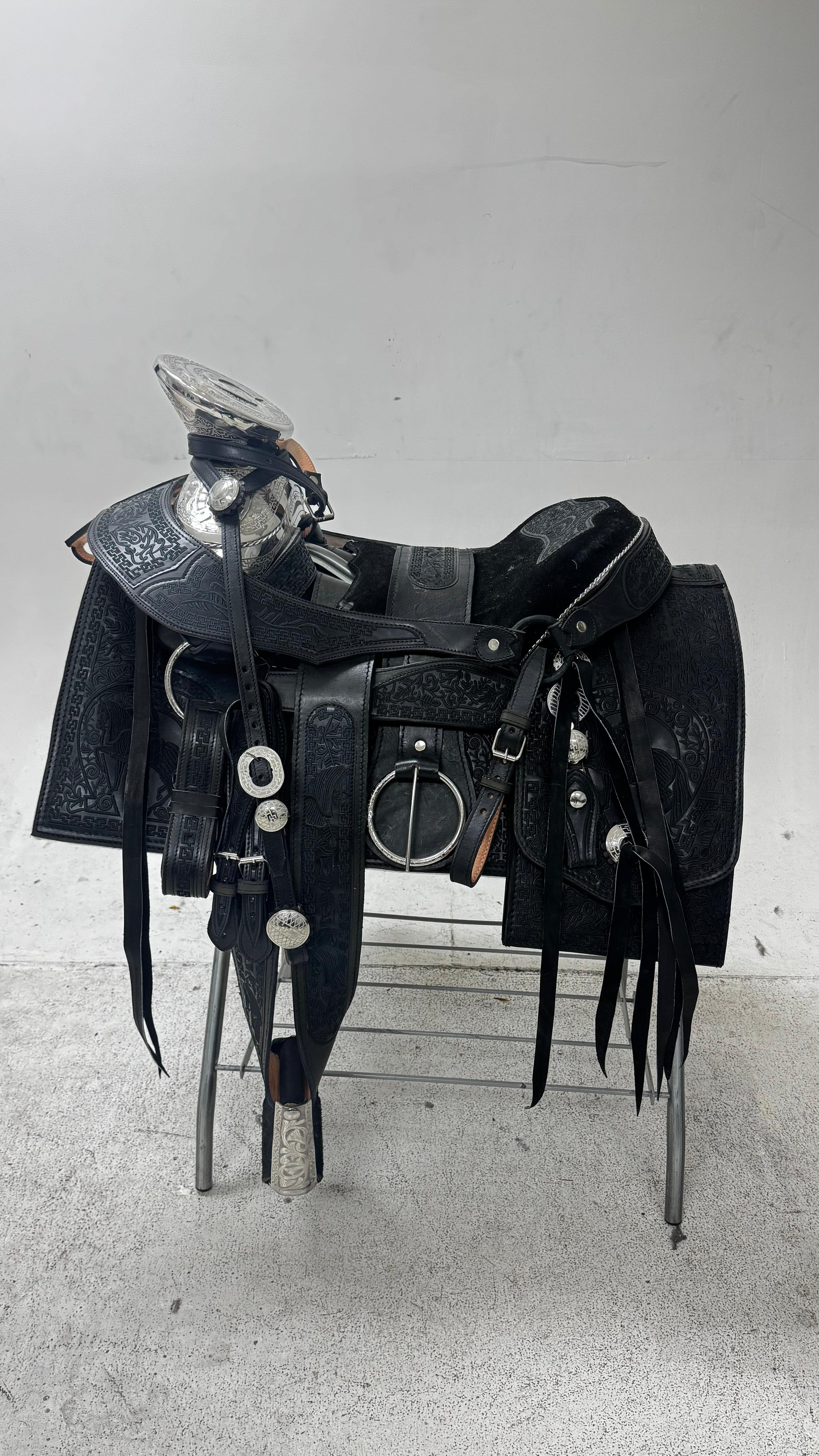 Charro Saddle – All Black Tooled Leather with Silver Engraved Accents (15.5”)