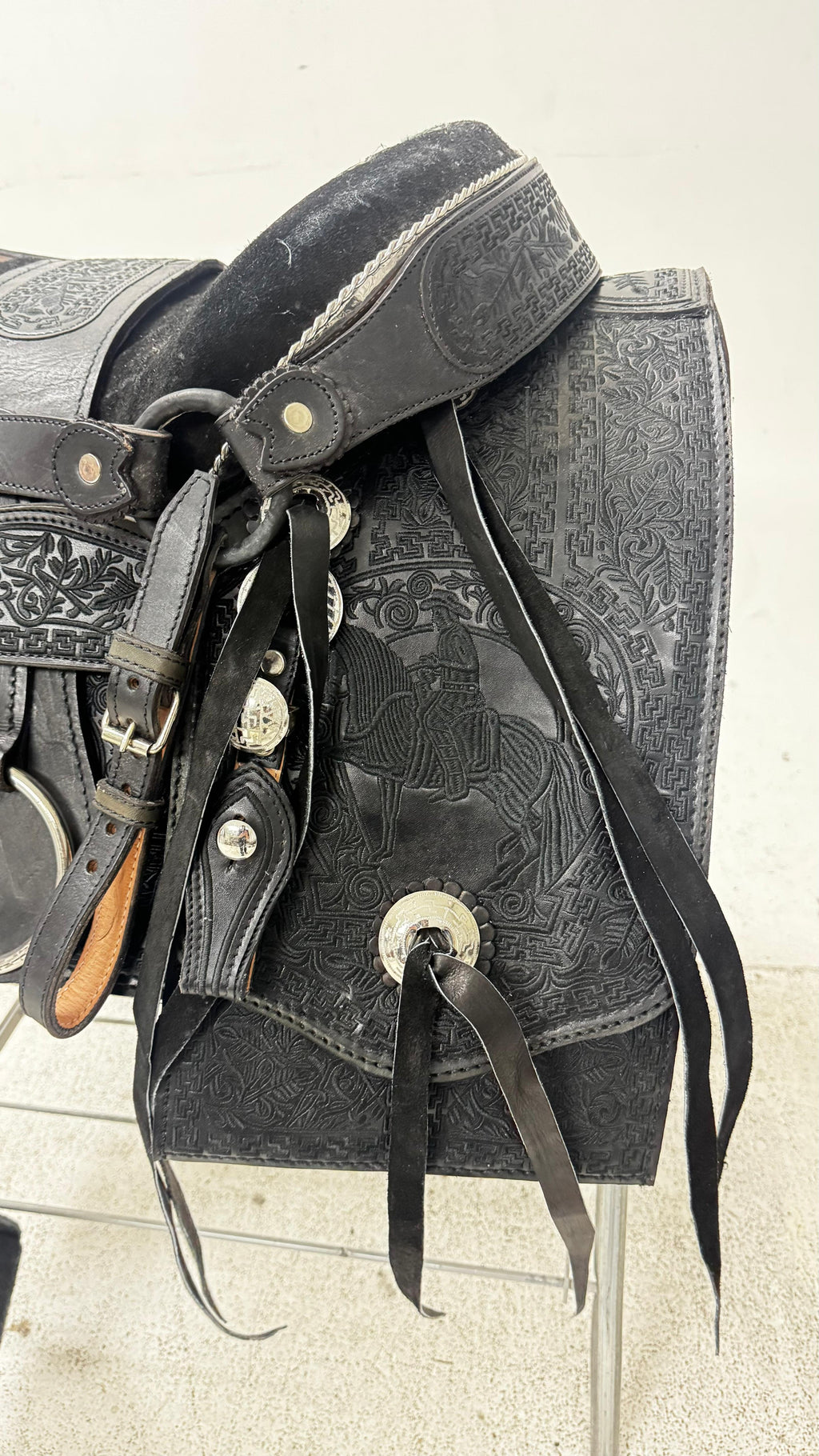 Charro Saddle – All Black Tooled Leather with Silver Engraved Accents (15.5”)