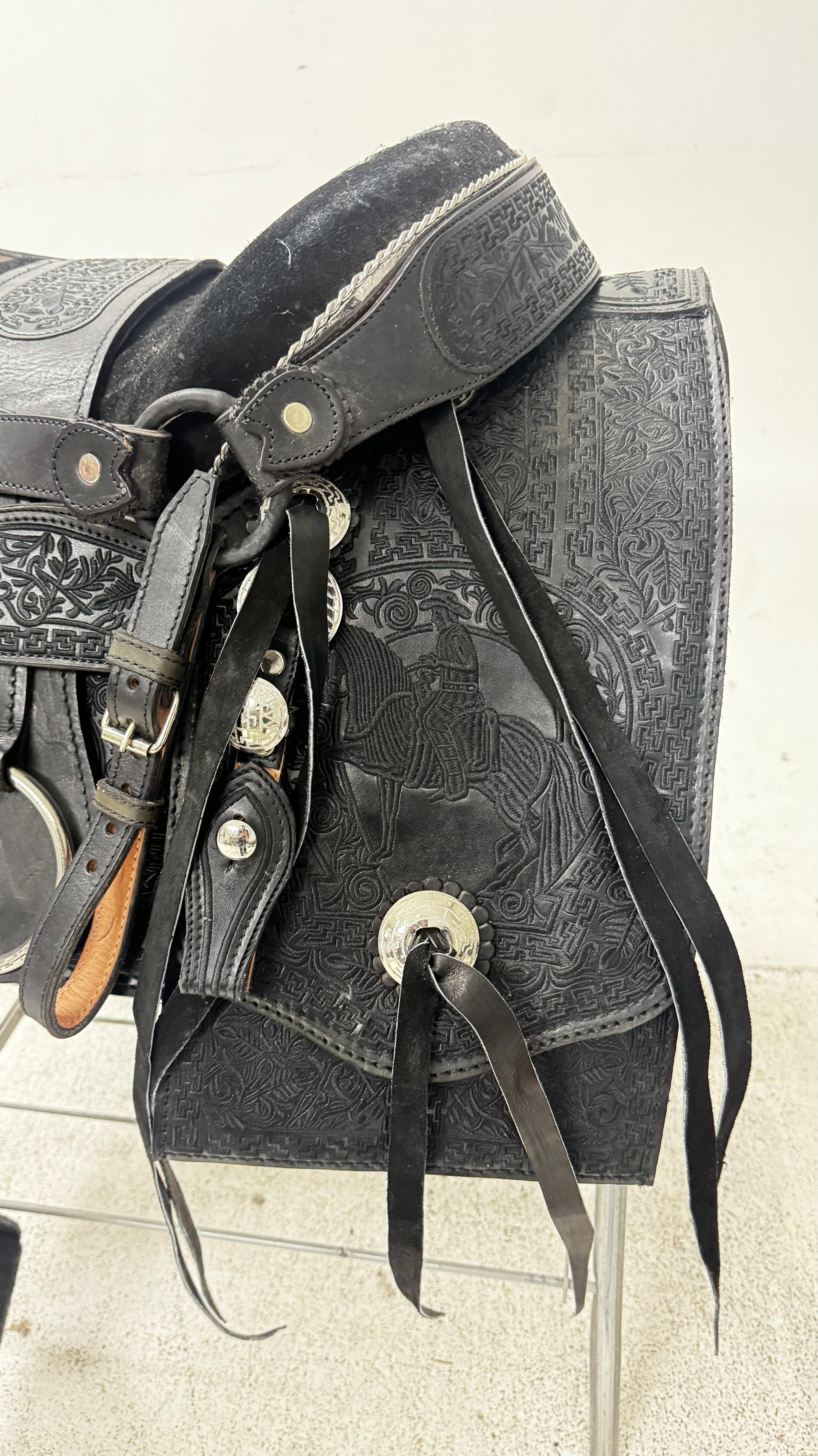 Charro Saddle – All Black Tooled Leather with Silver Engraved Accents (15.5”)