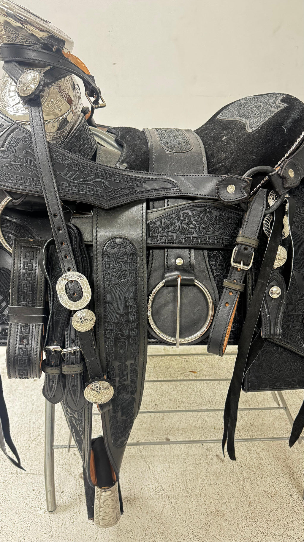 Charro Saddle – All Black Tooled Leather with Silver Engraved Accents (15.5”)