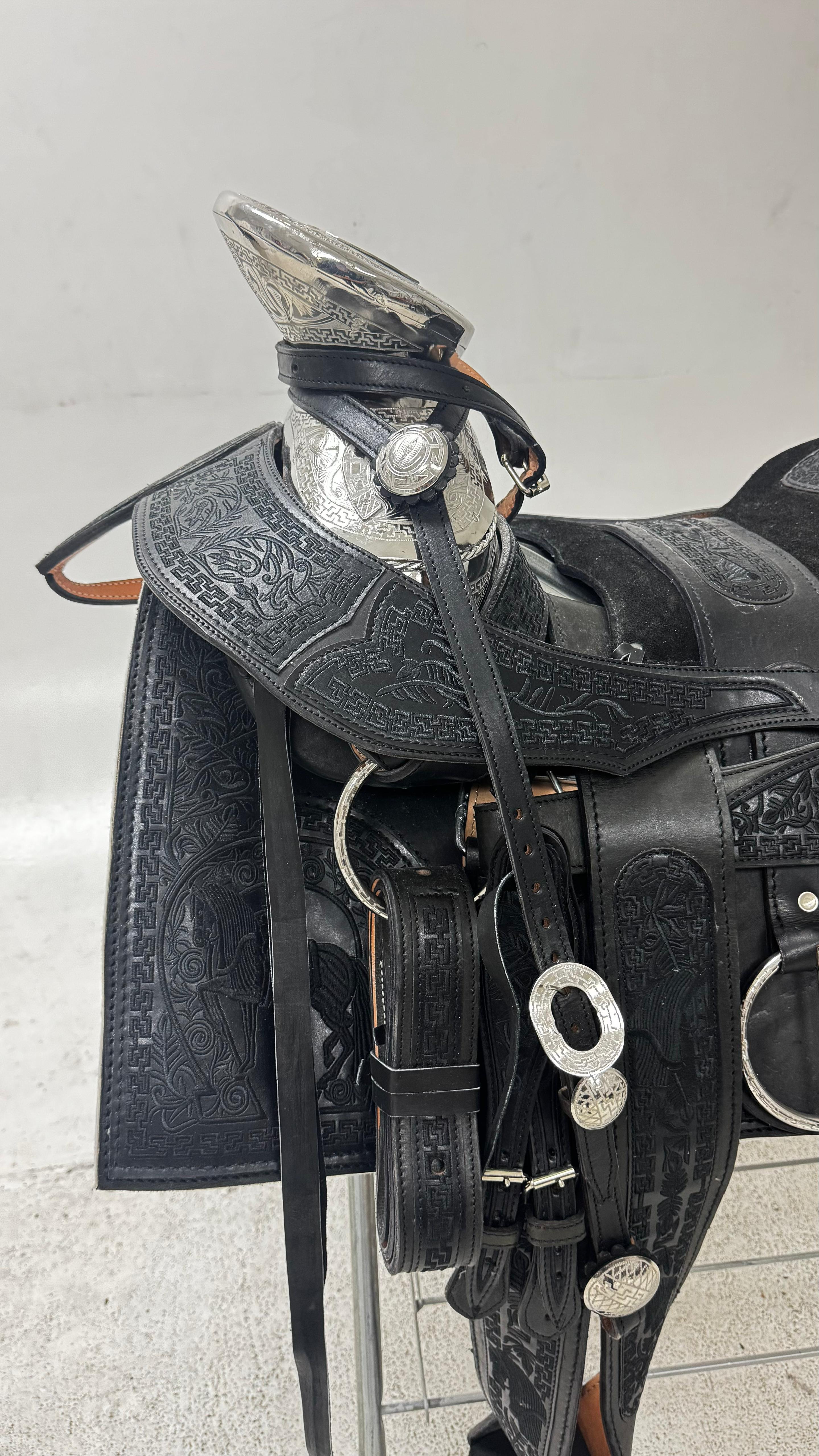 Charro Saddle – All Black Tooled Leather with Silver Engraved Accents (15.5”)