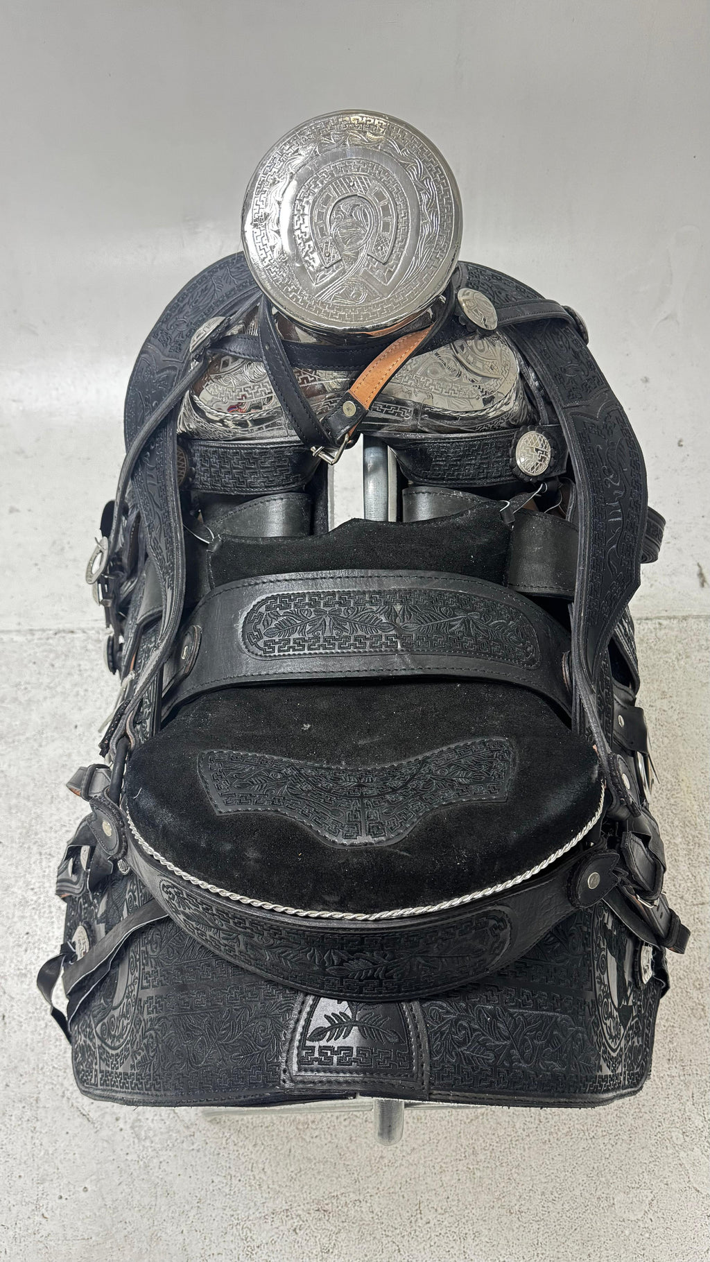 Charro Saddle – All Black Tooled Leather with Silver Engraved Accents (15.5”)