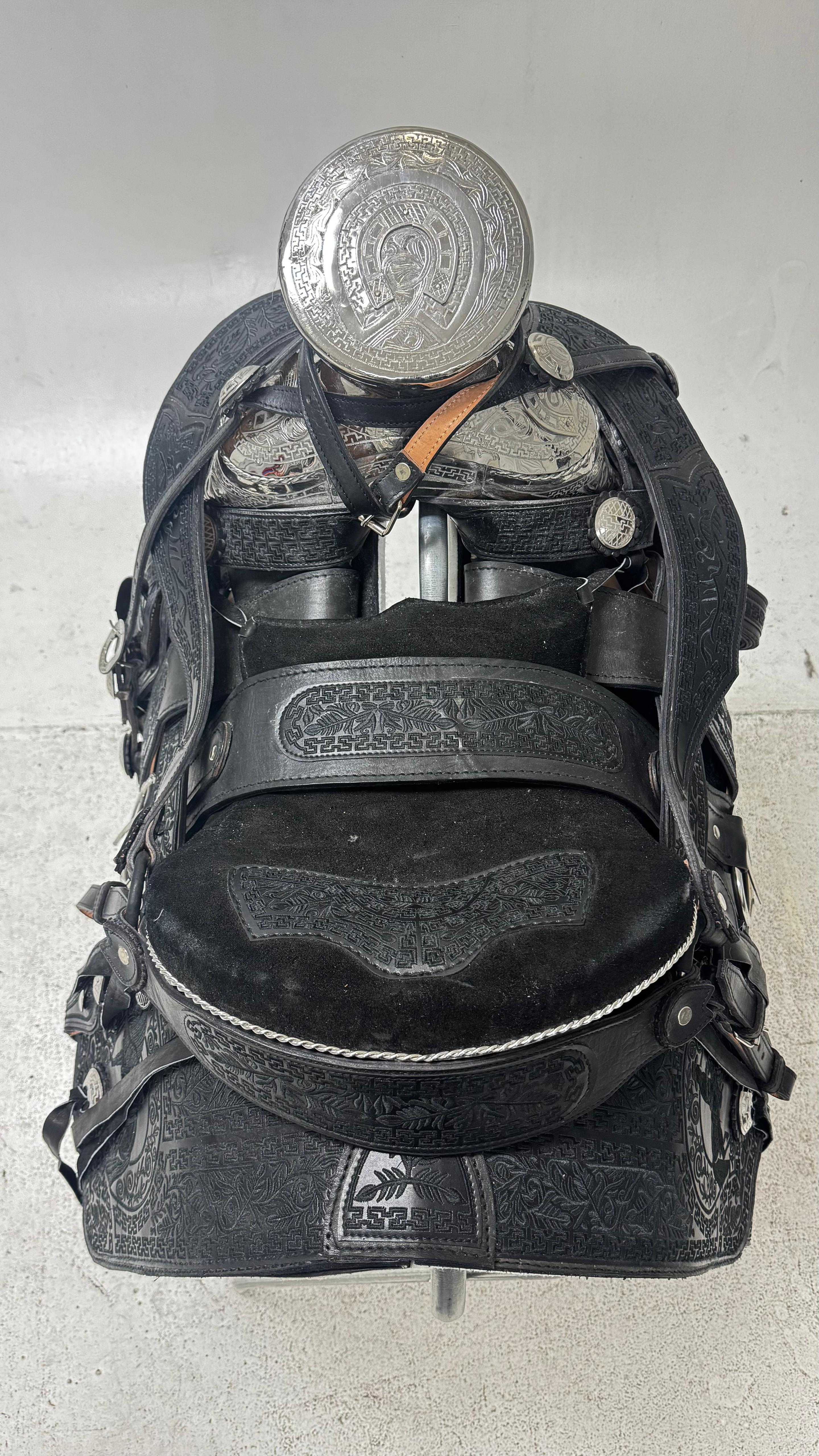 Charro Saddle – All Black Tooled Leather with Silver Engraved Accents (15.5”)