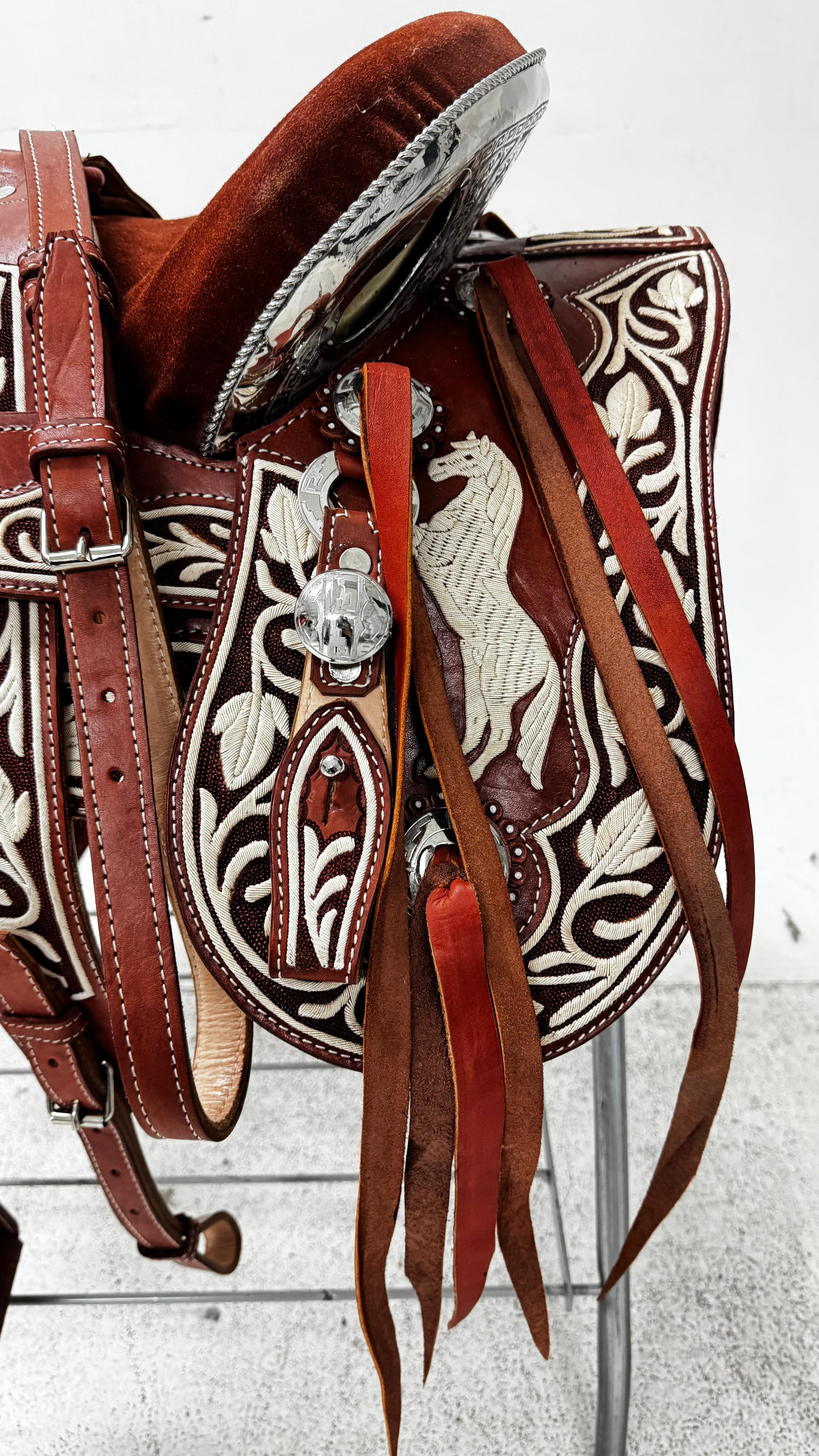 Charro Saddle – Chestnut Piteada/Leather Embroidery /Silver Details (15.5”)