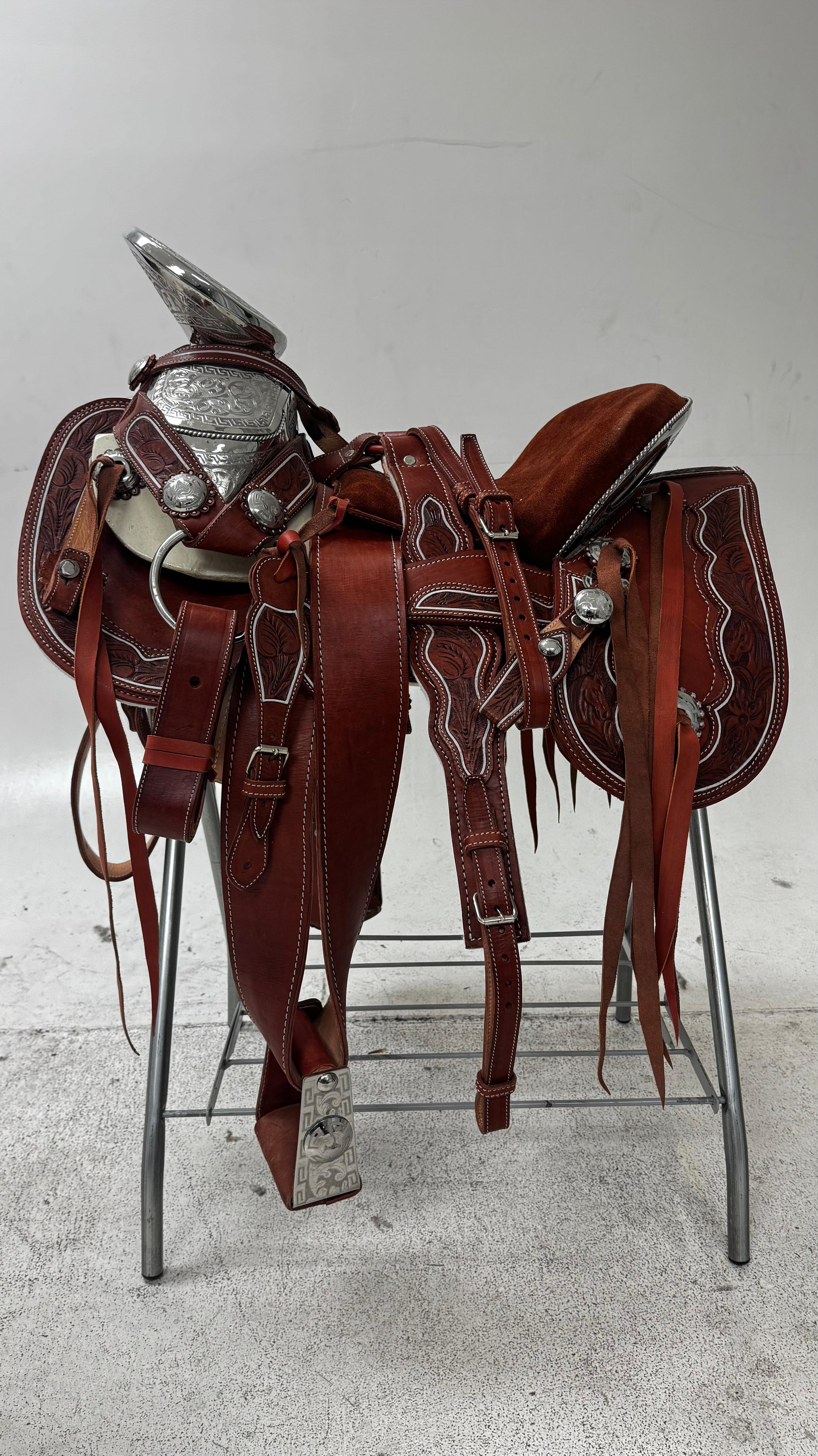 Charro Saddle – Chestnut Leather with White Stitching & Silver (15.5”)