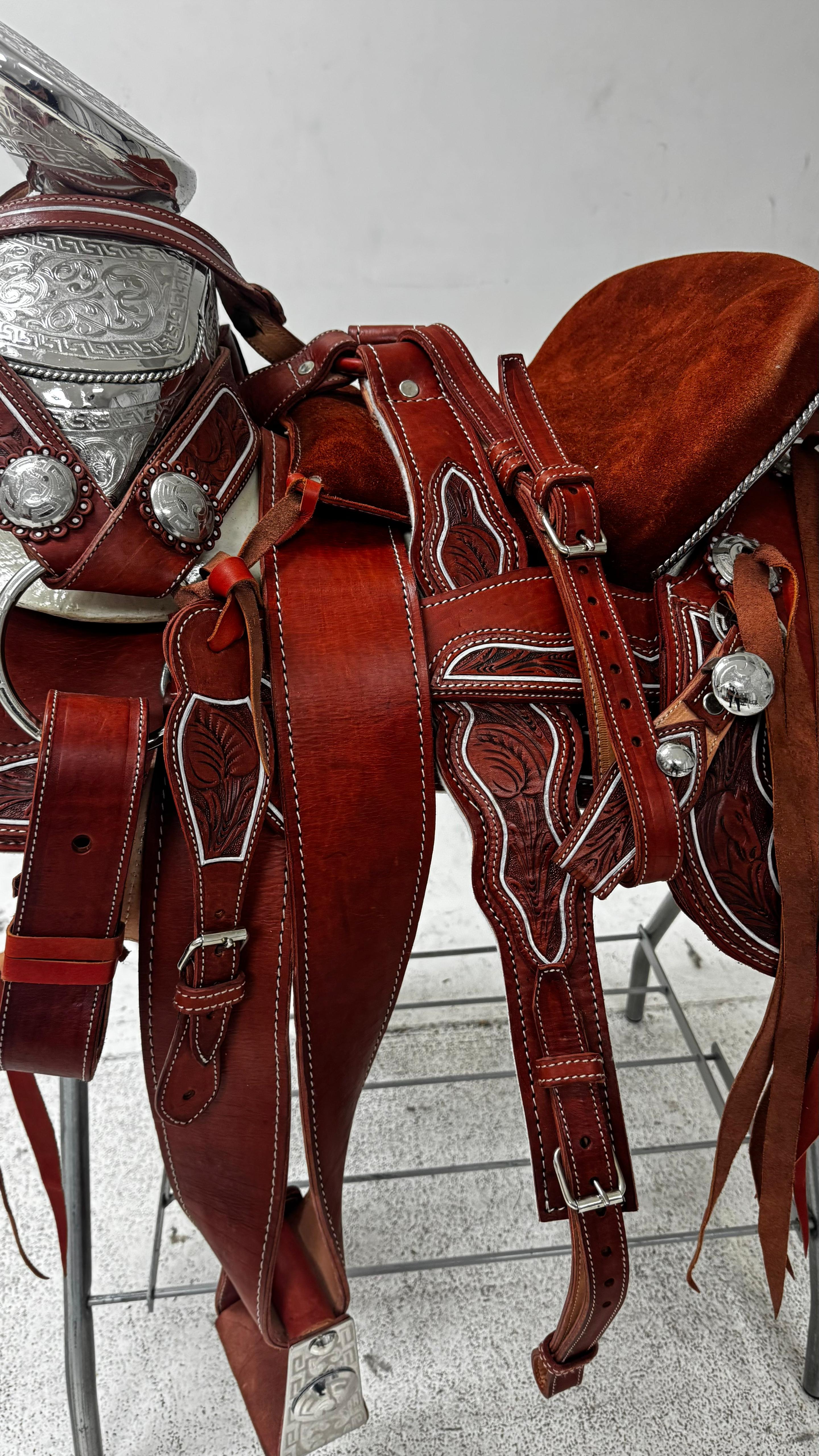 Charro Saddle – Chestnut Leather with White Stitching & Silver (15.5”)