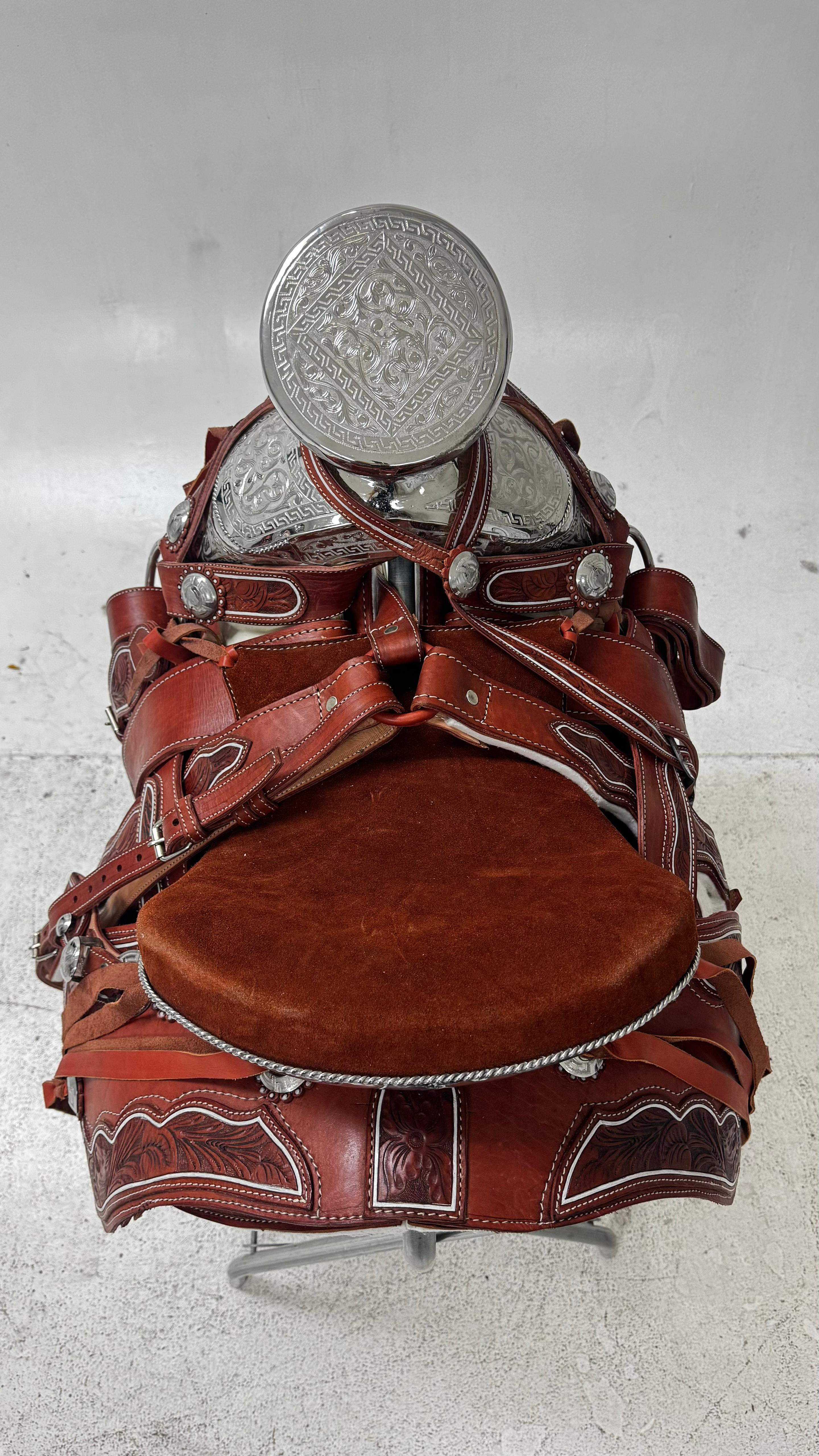 Charro Saddle – Chestnut Leather with White Stitching & Silver (15.5”)