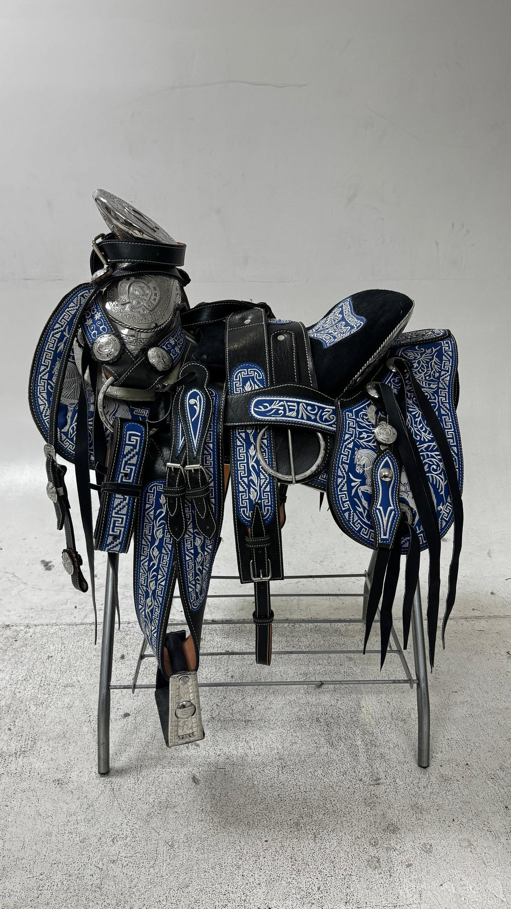 Charro Saddle – Black Leather with Blue Embroidery & Silver (15.5”)