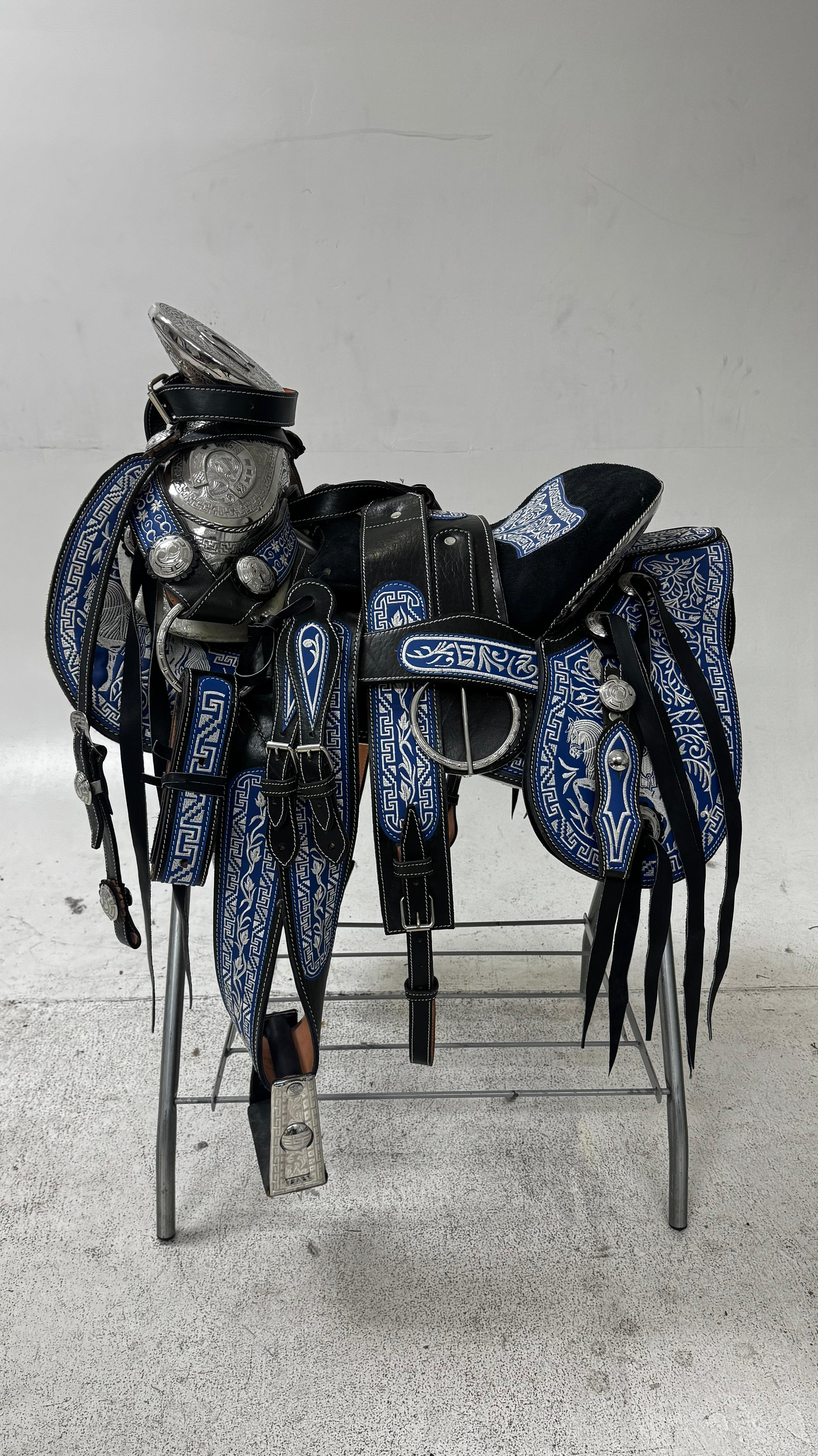 Charro Saddle – Black Leather with Blue Embroidery & Silver (15.5”)