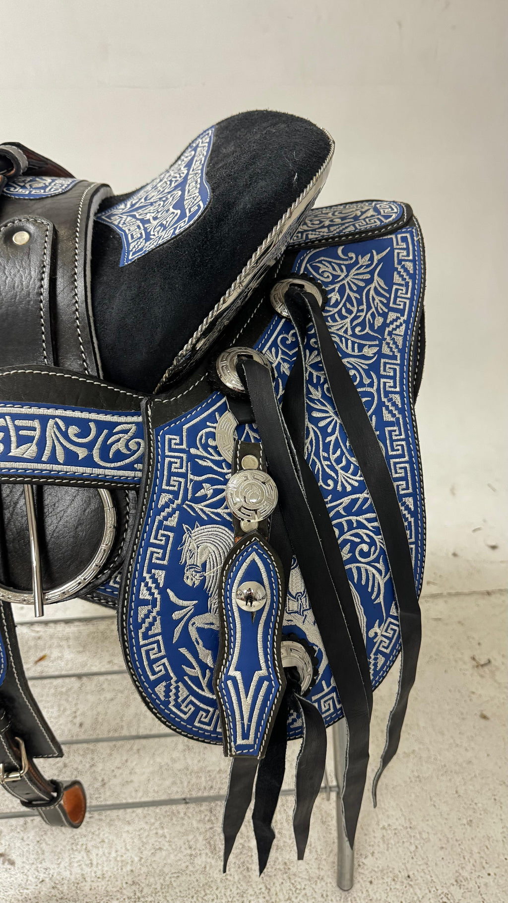 Charro Saddle – Black Leather with Blue Embroidery & Silver (15.5”)