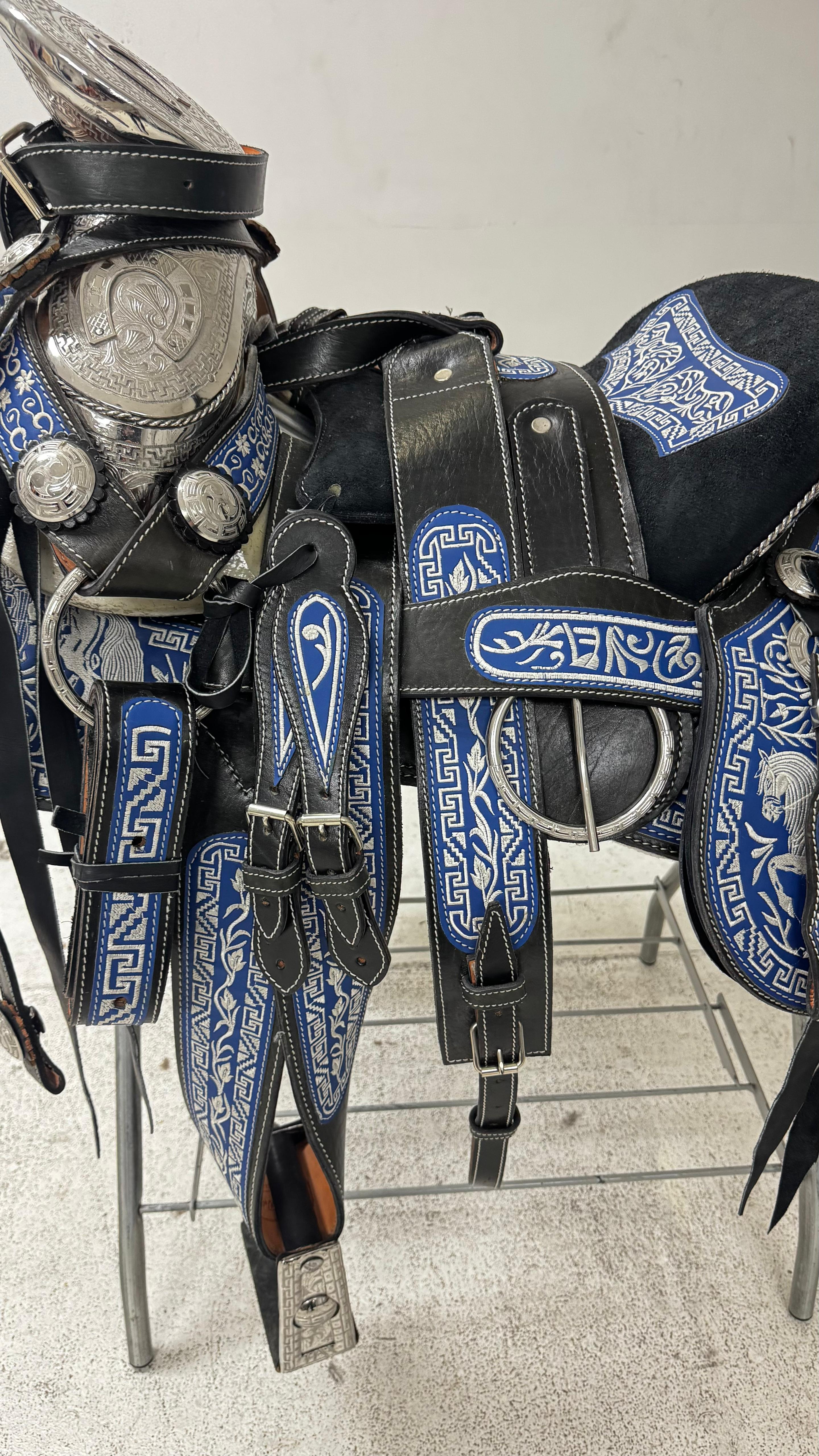 Charro Saddle – Black Leather with Blue Embroidery & Silver (15.5”)
