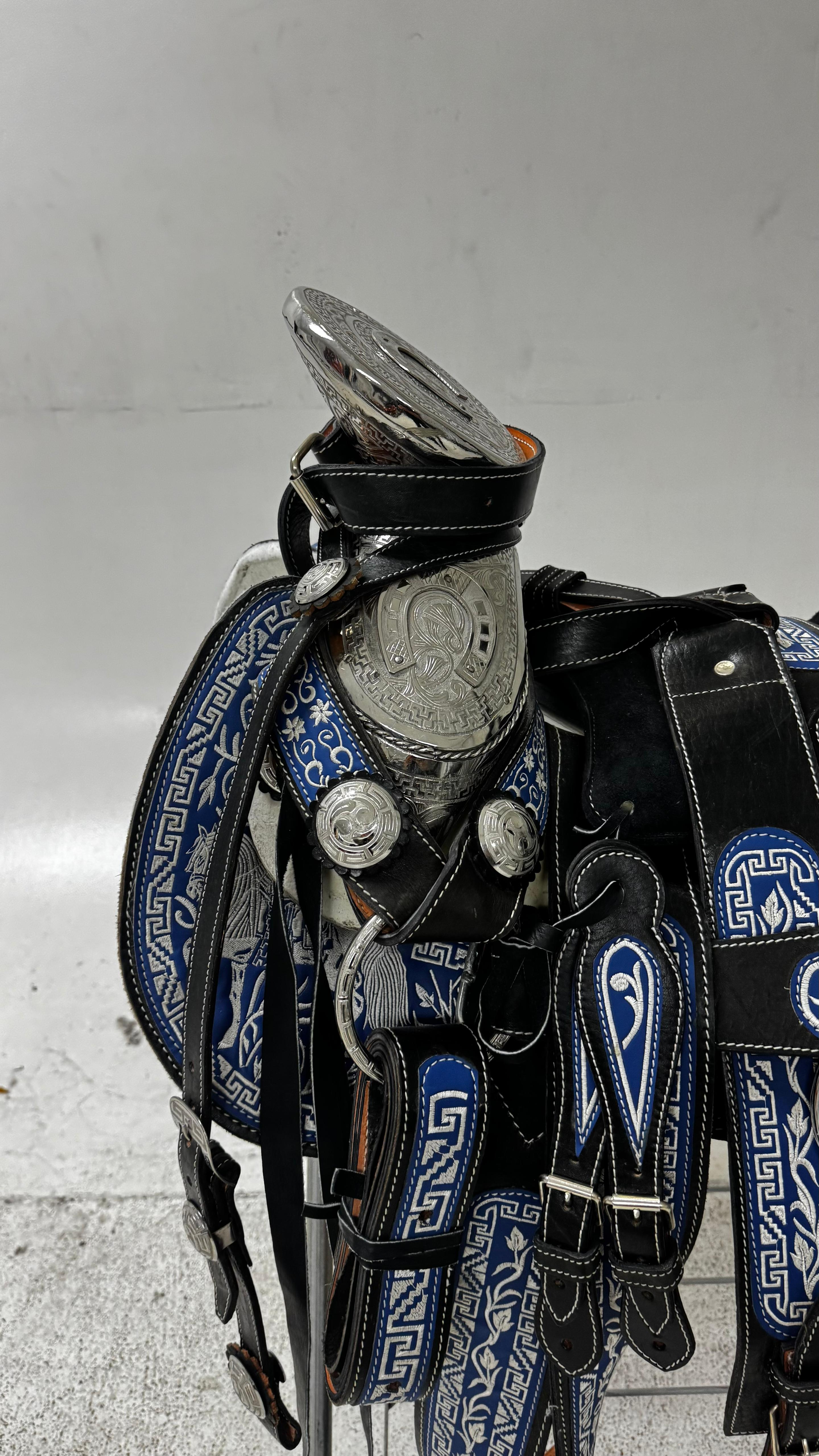 Charro Saddle – Black Leather with Blue Embroidery & Silver (15.5”)