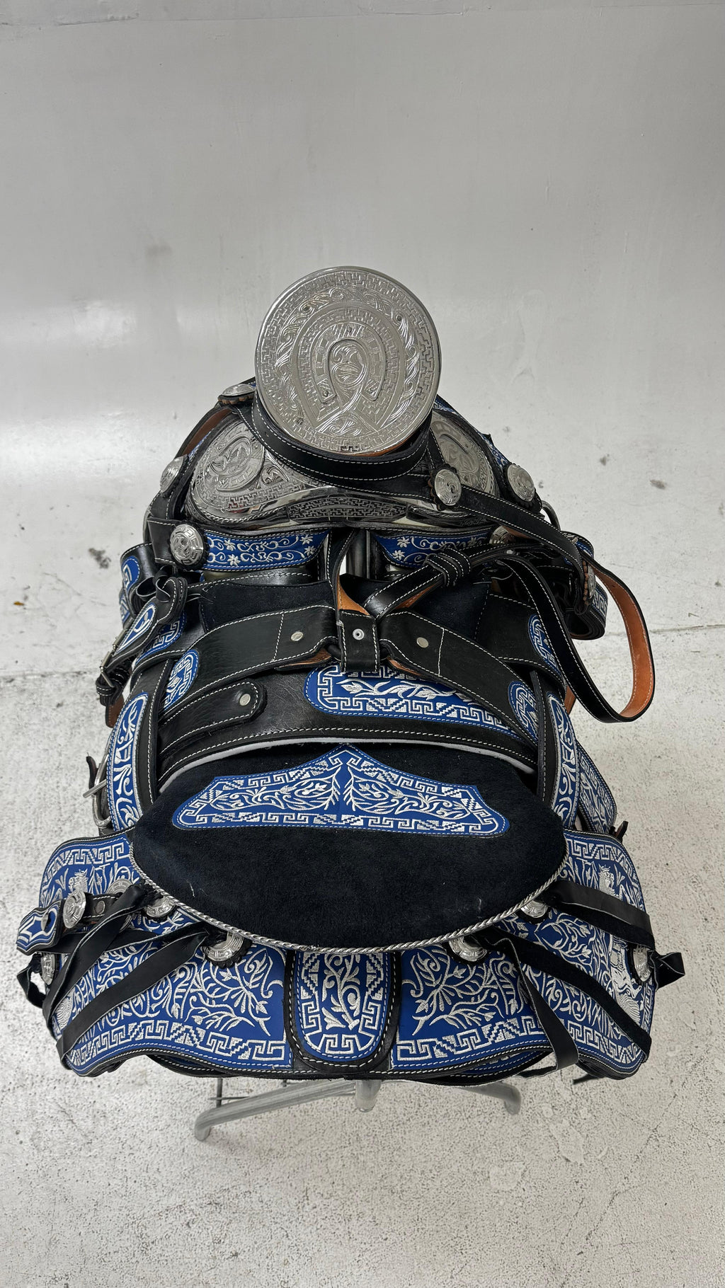 Charro Saddle – Black Leather with Blue Embroidery & Silver (15.5”)