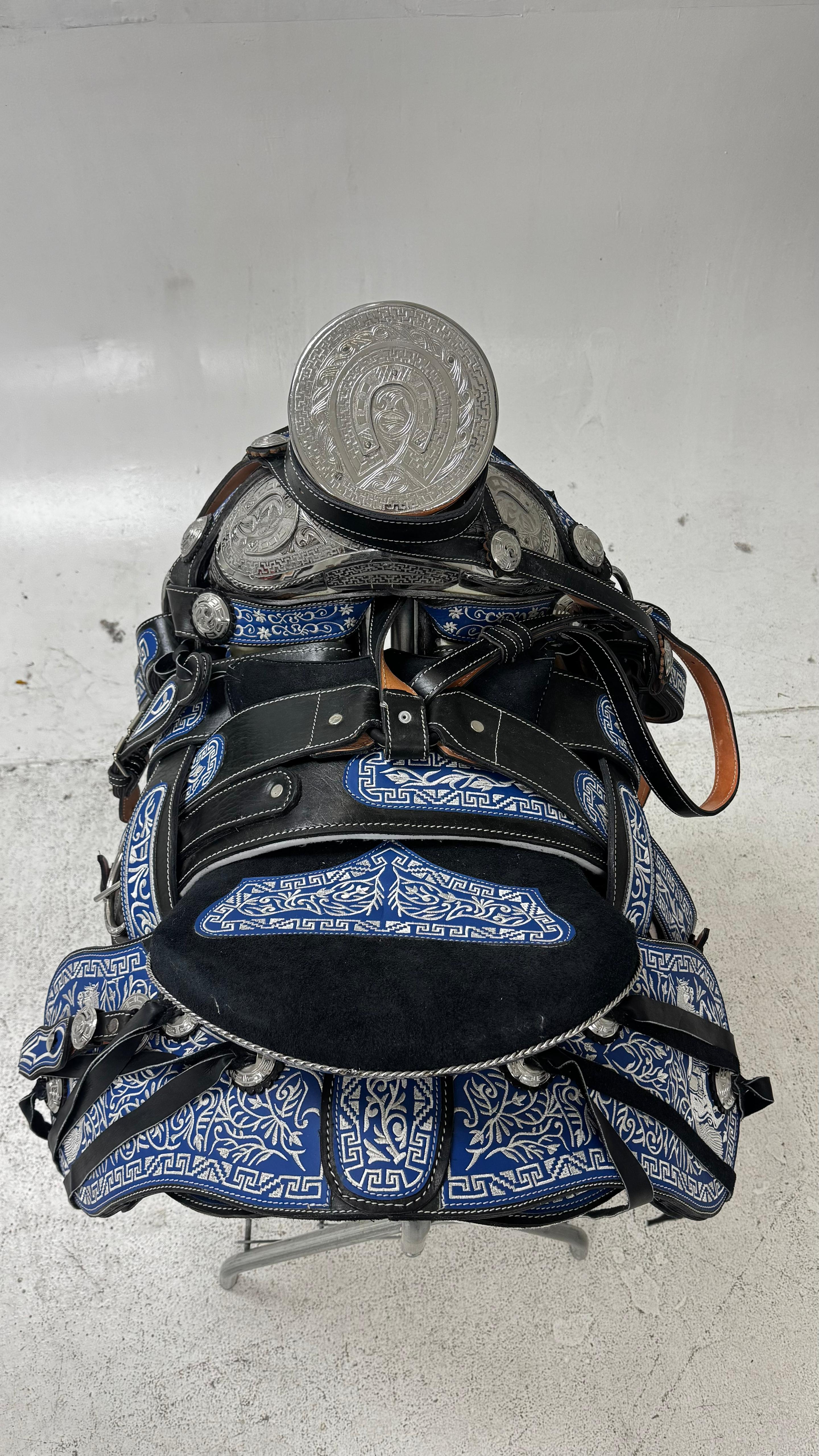 Charro Saddle – Black Leather with Blue Embroidery & Silver (15.5”)