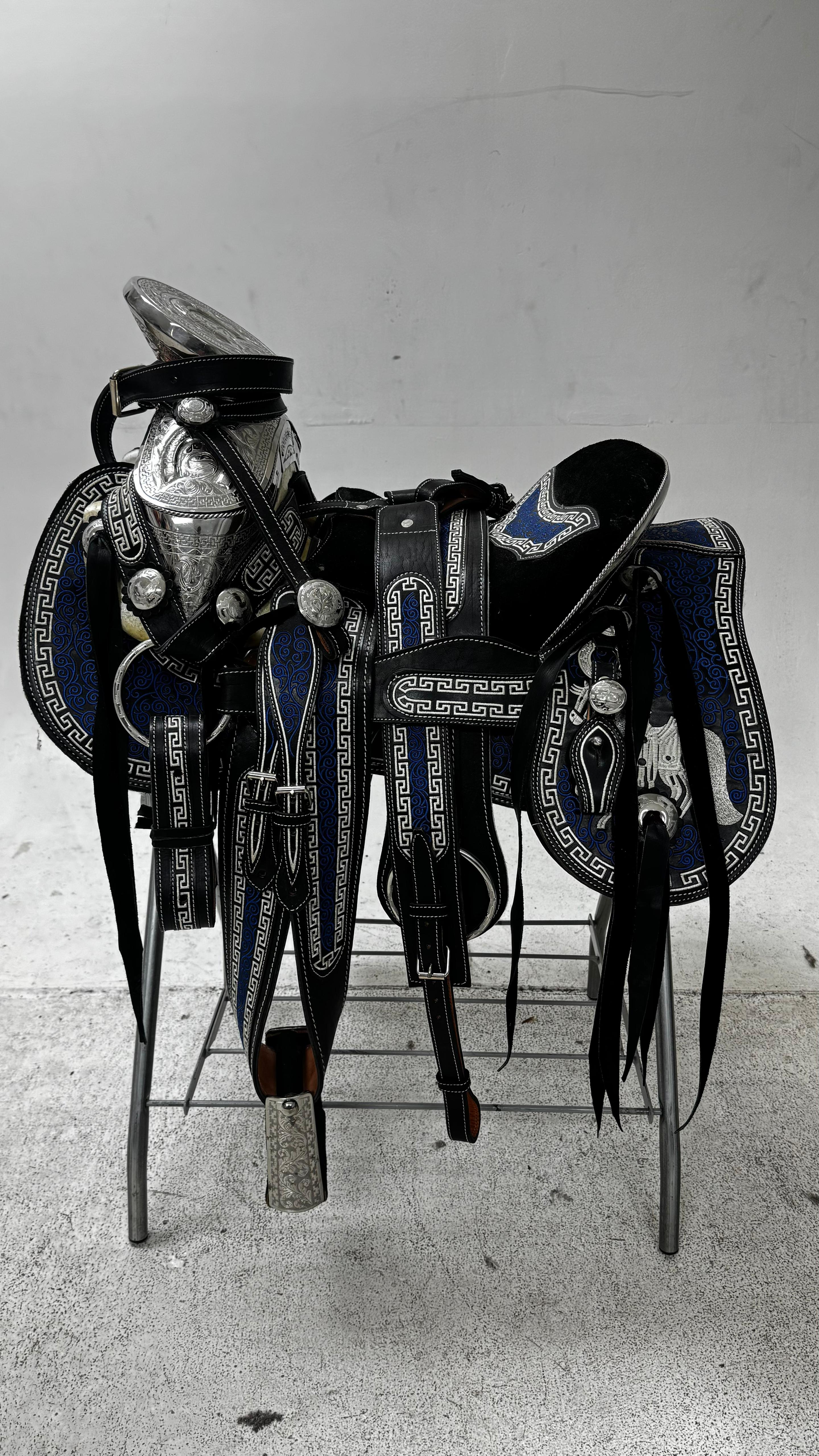 Charro Saddle – Black Bordada with Royal Blue Embroidery & Silver Horse Motif (15.5”)