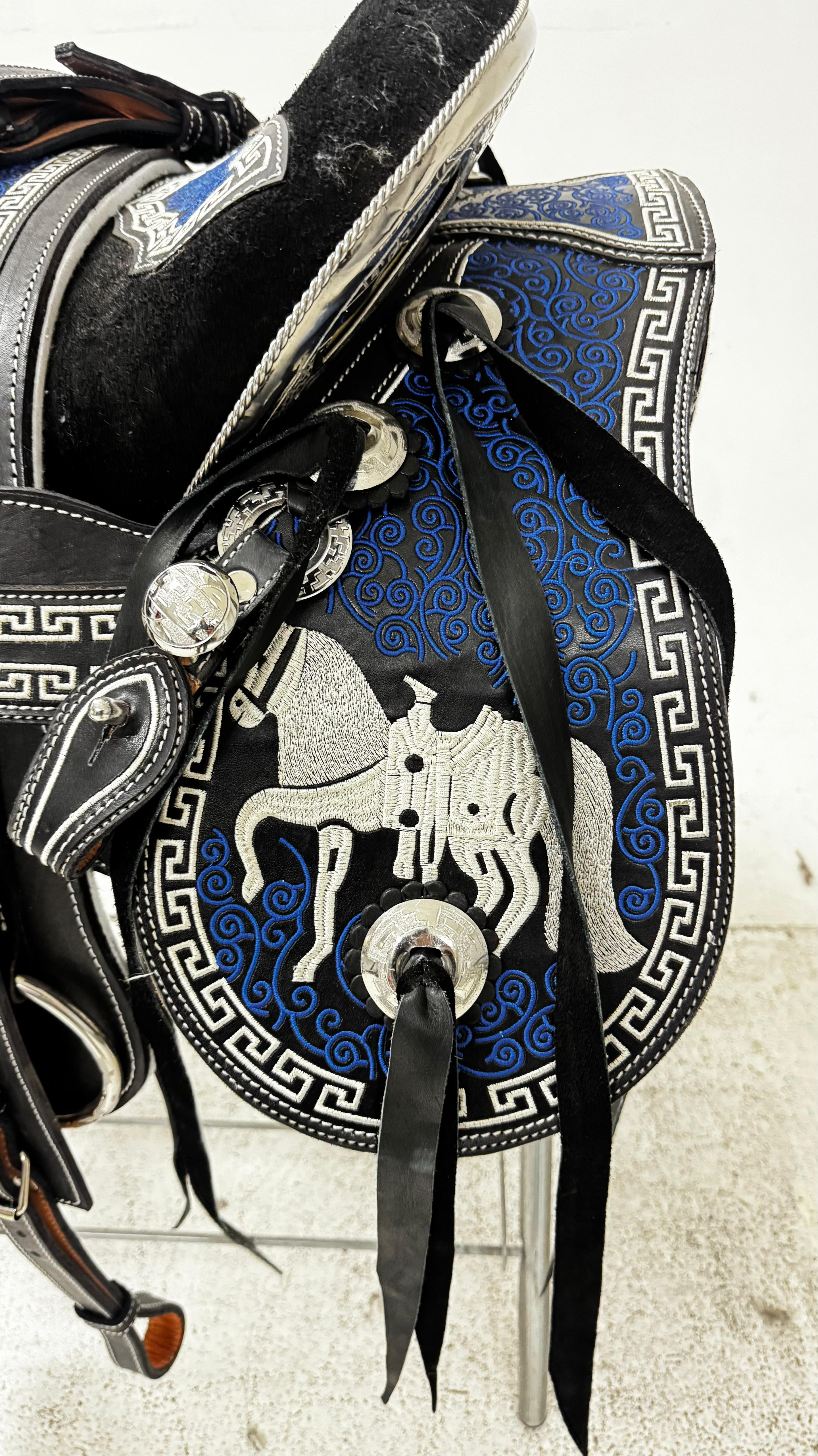 Charro Saddle – Black Bordada with Royal Blue Embroidery & Silver Horse Motif (15.5”)