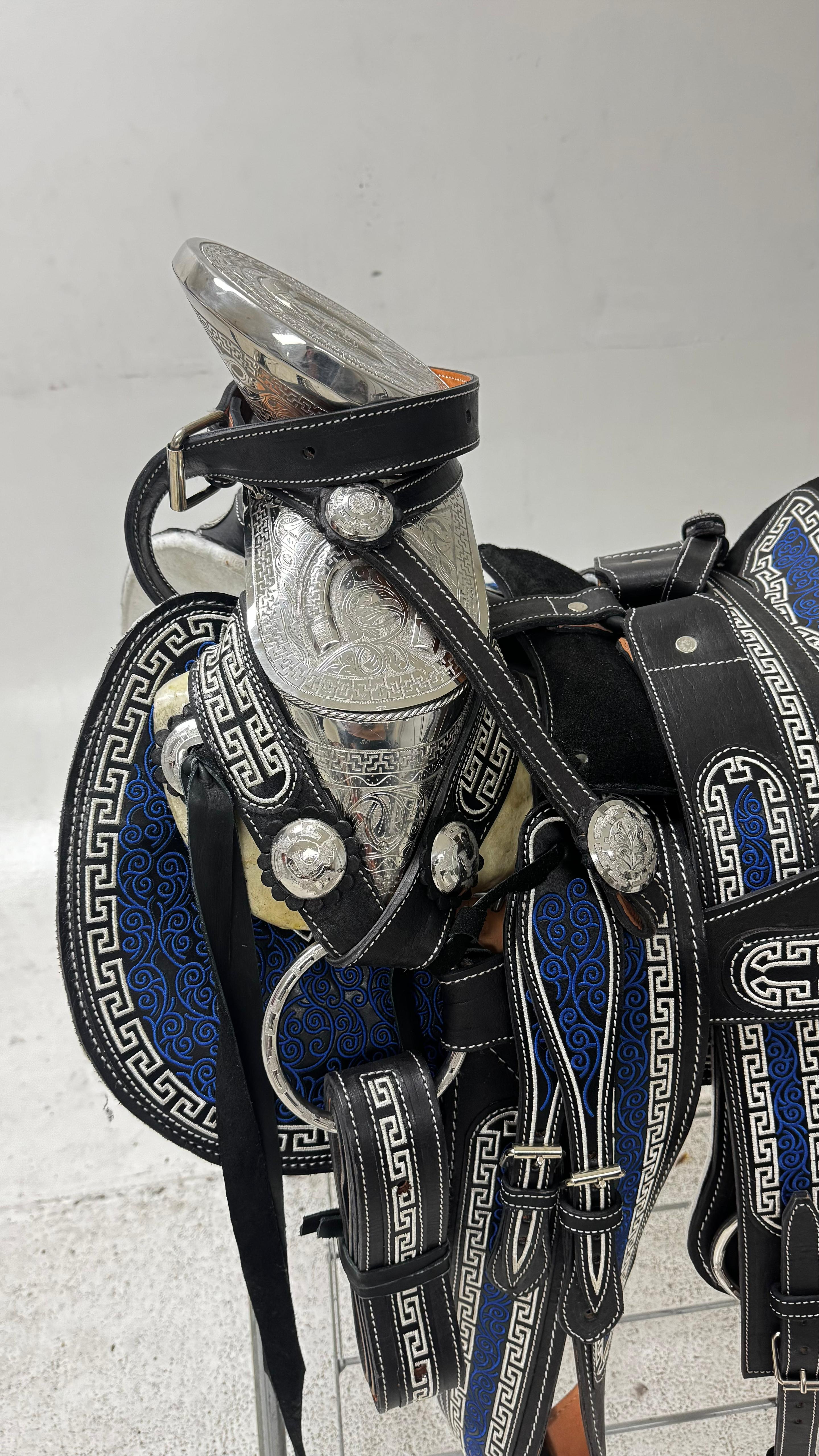 Charro Saddle – Black Bordada with Royal Blue Embroidery & Silver Horse Motif (15.5”)