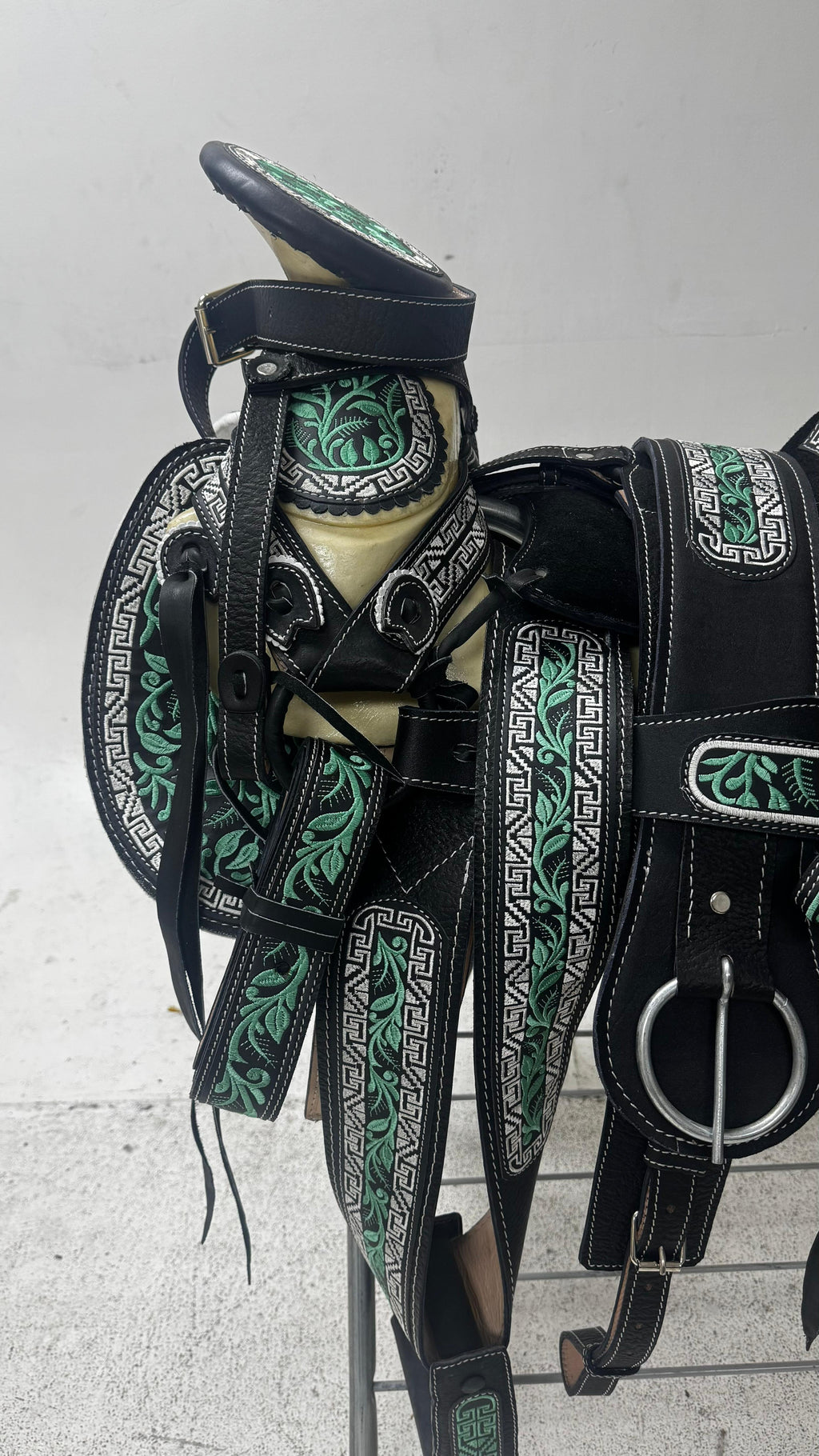 Charro Saddle – Black Suede Leather w/ Emerald Greca Embroidery (15.5”)