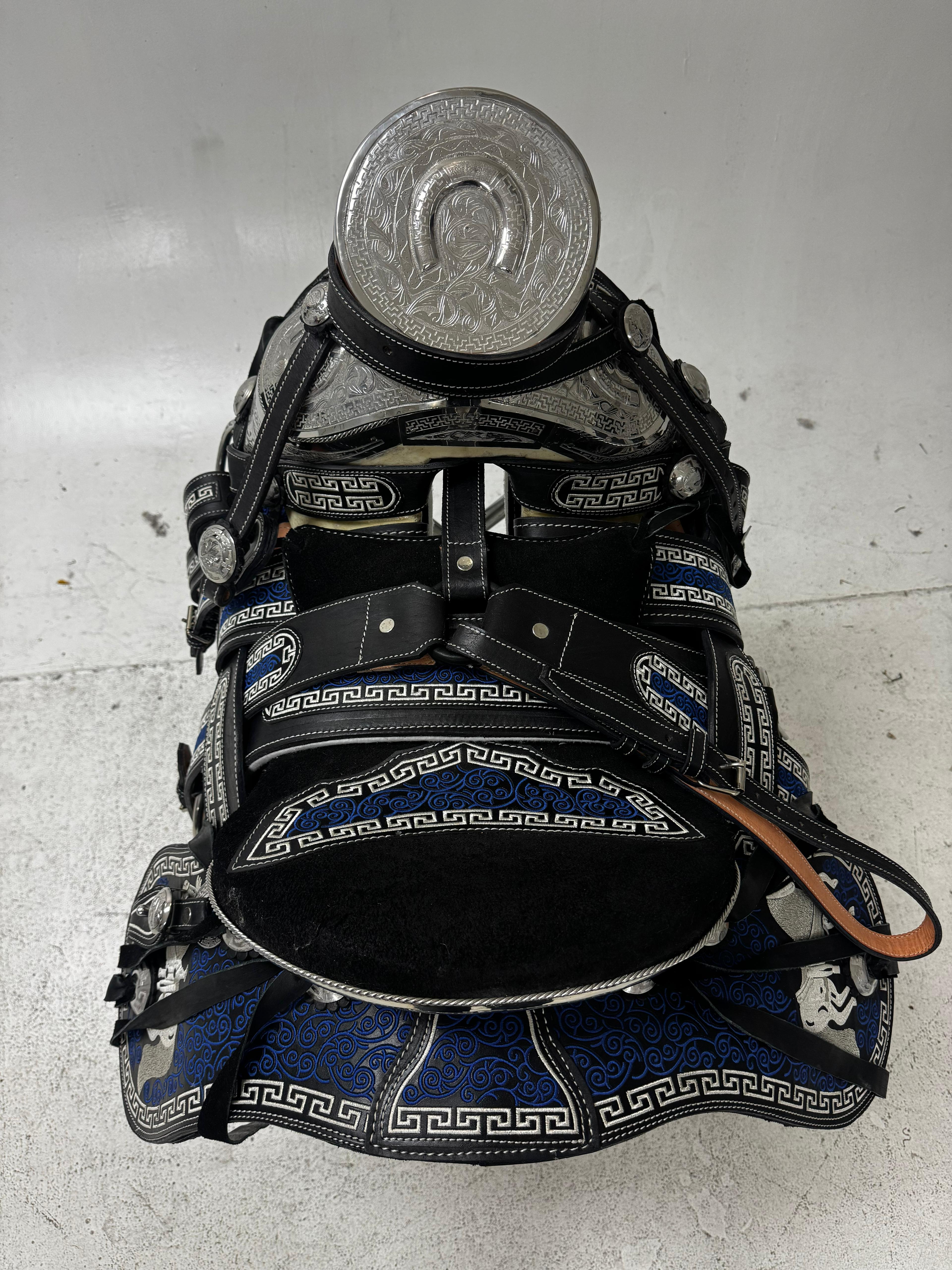 Charro Saddle – Black Bordada with Royal Blue Embroidery & Silver Horse Motif (15.5”)