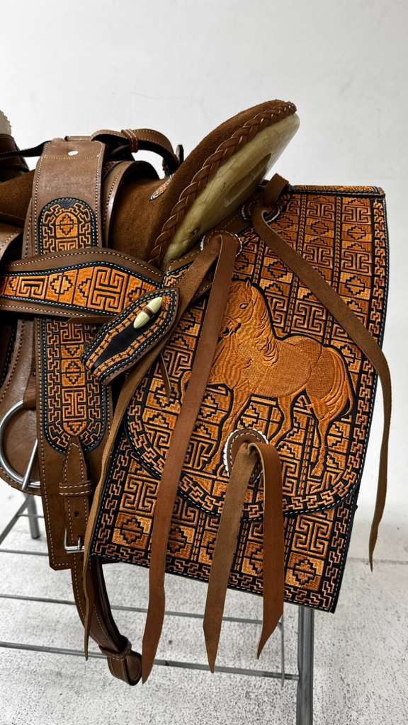Charro Saddle – Tan & Bronze “El Tesoro Azteca” Edition (15.5”)