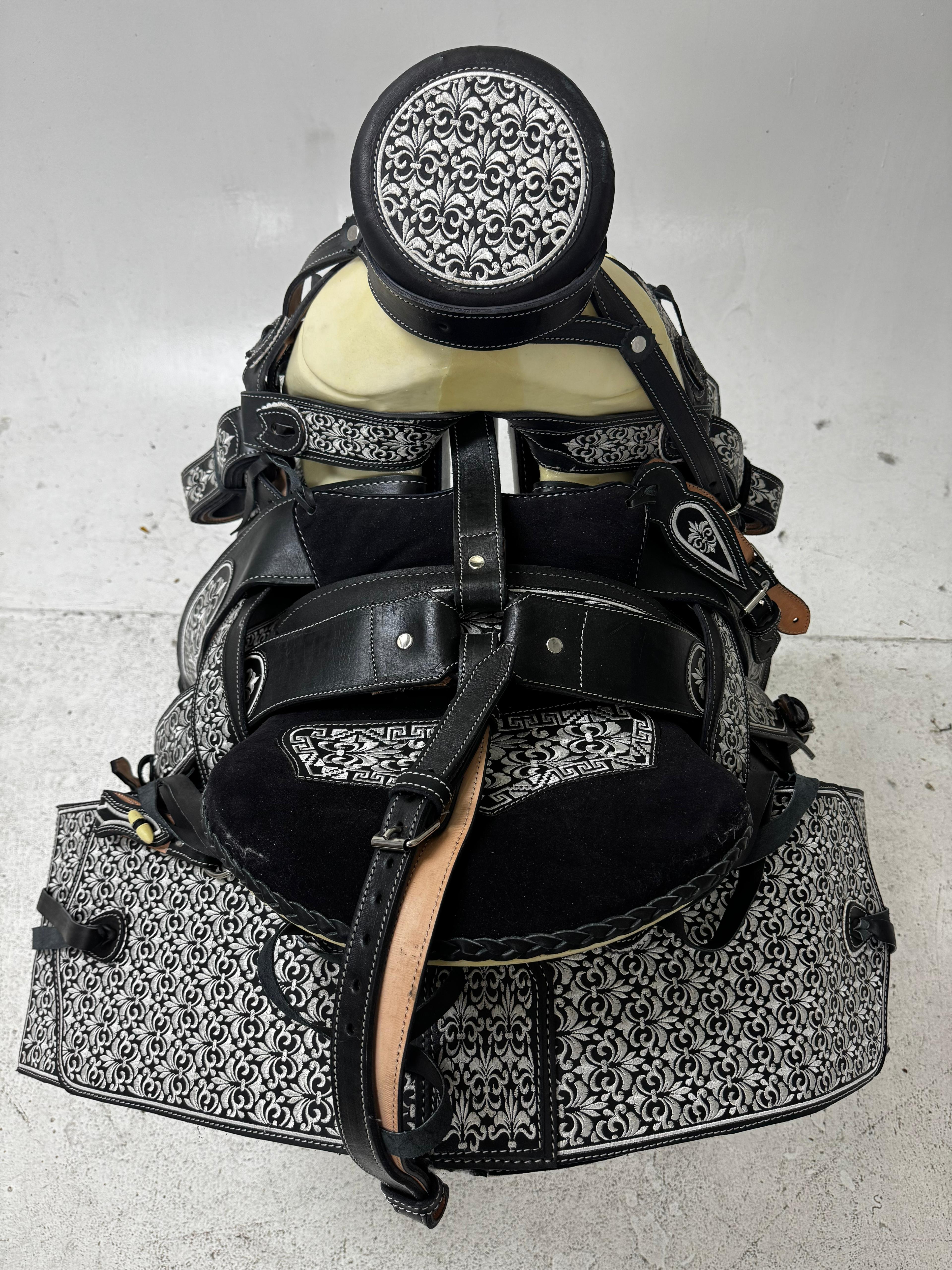 Charro Saddle – Black Leather with Silver Bordada Floral Pattern & Suede Seat (15.5”) (“La Imperial”)