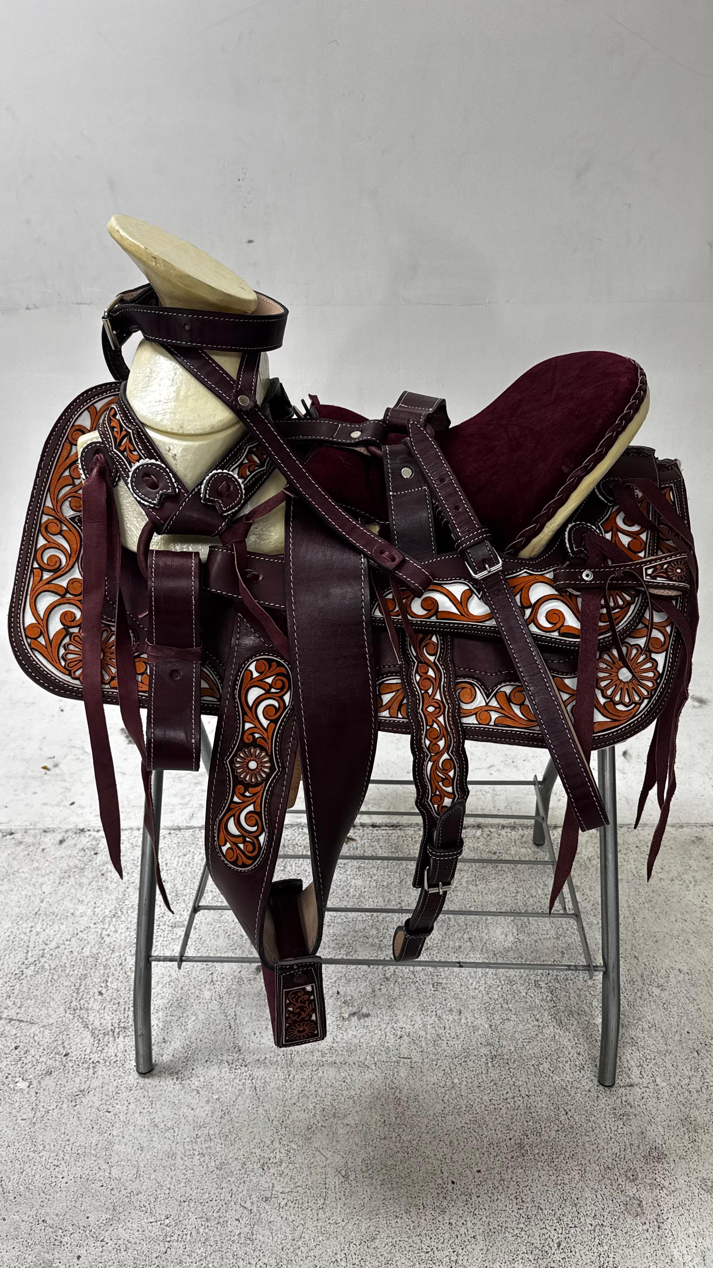 Charro Saddle – Vino Bordada with Burnt Orange Accents (15.5”) “La Sangre”