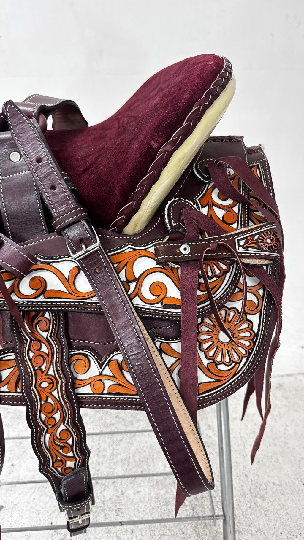 Charro Saddle – Vino Bordada with Burnt Orange Accents (15.5”) “La Sangre”
