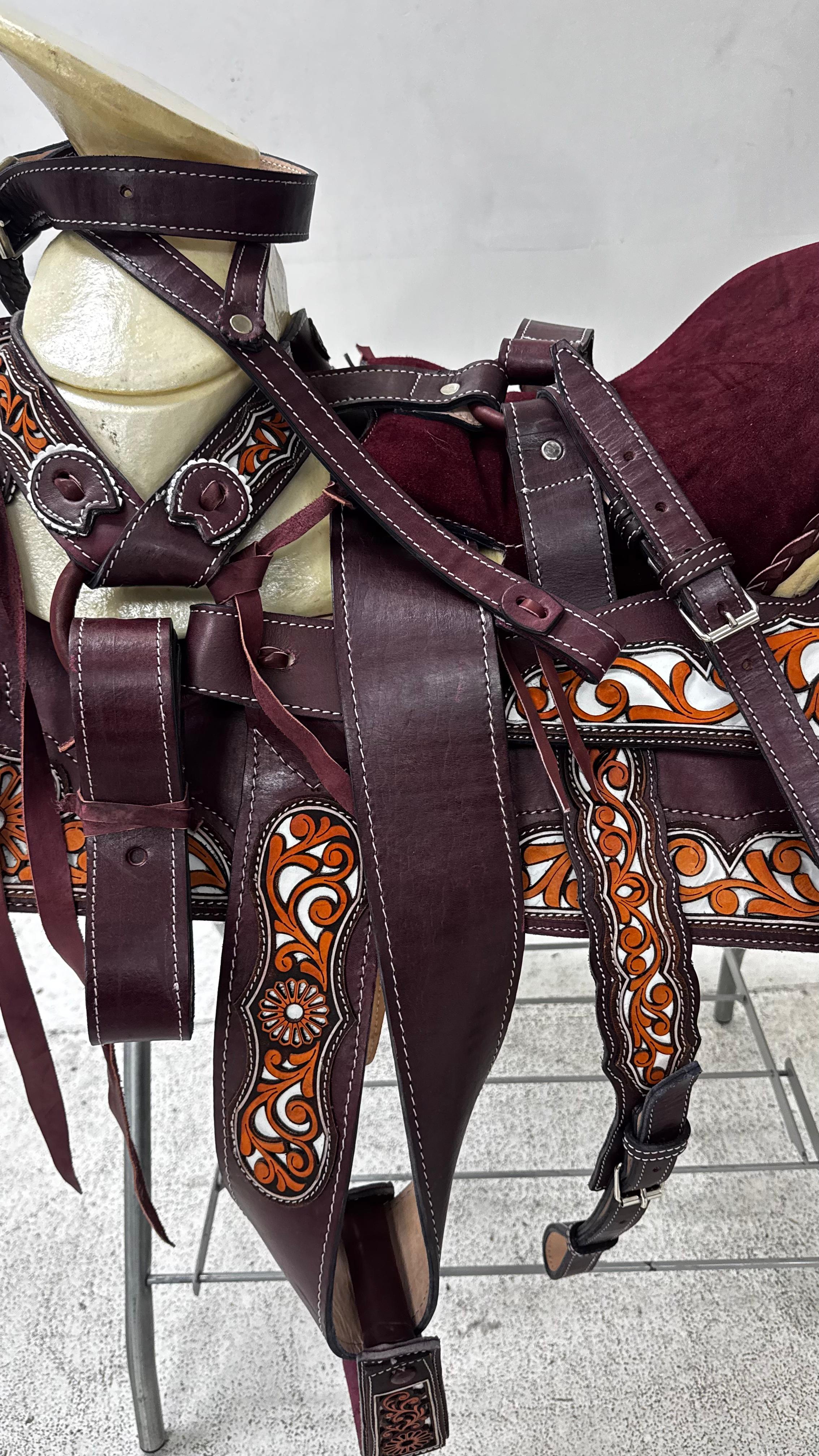 Charro Saddle – Vino Bordada with Burnt Orange Accents (15.5”) “La Sangre”