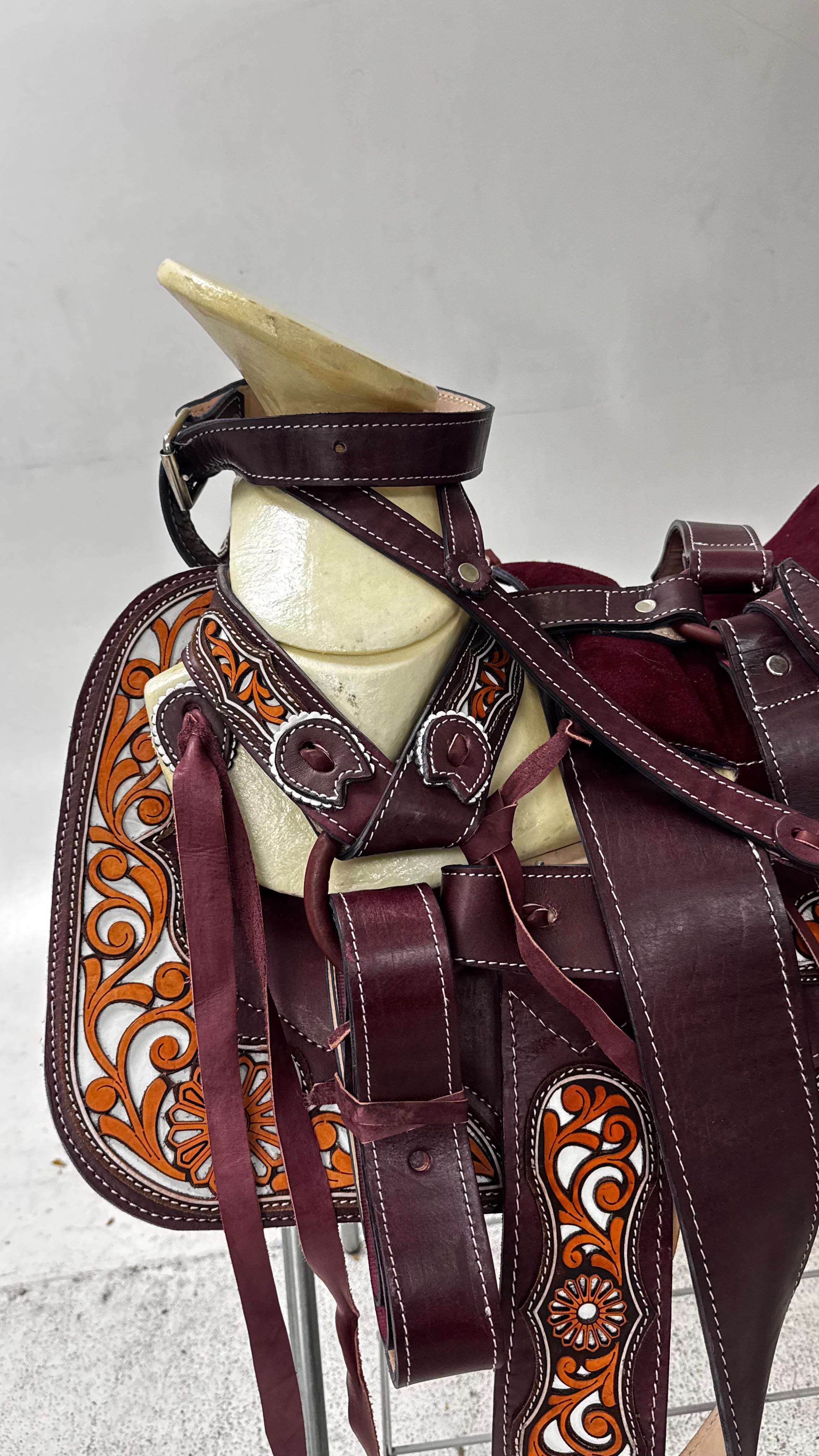 Charro Saddle – Vino Bordada with Burnt Orange Accents (15.5”) “La Sangre”