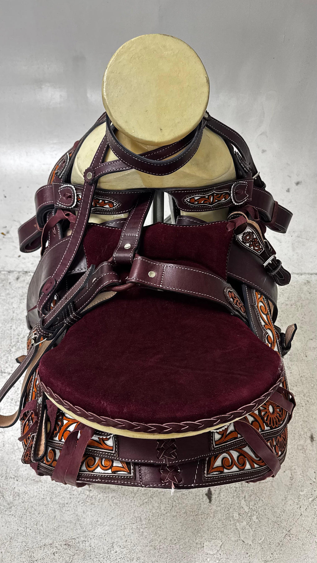 Charro Saddle – Vino Bordada with Burnt Orange Accents (15.5”) “La Sangre”
