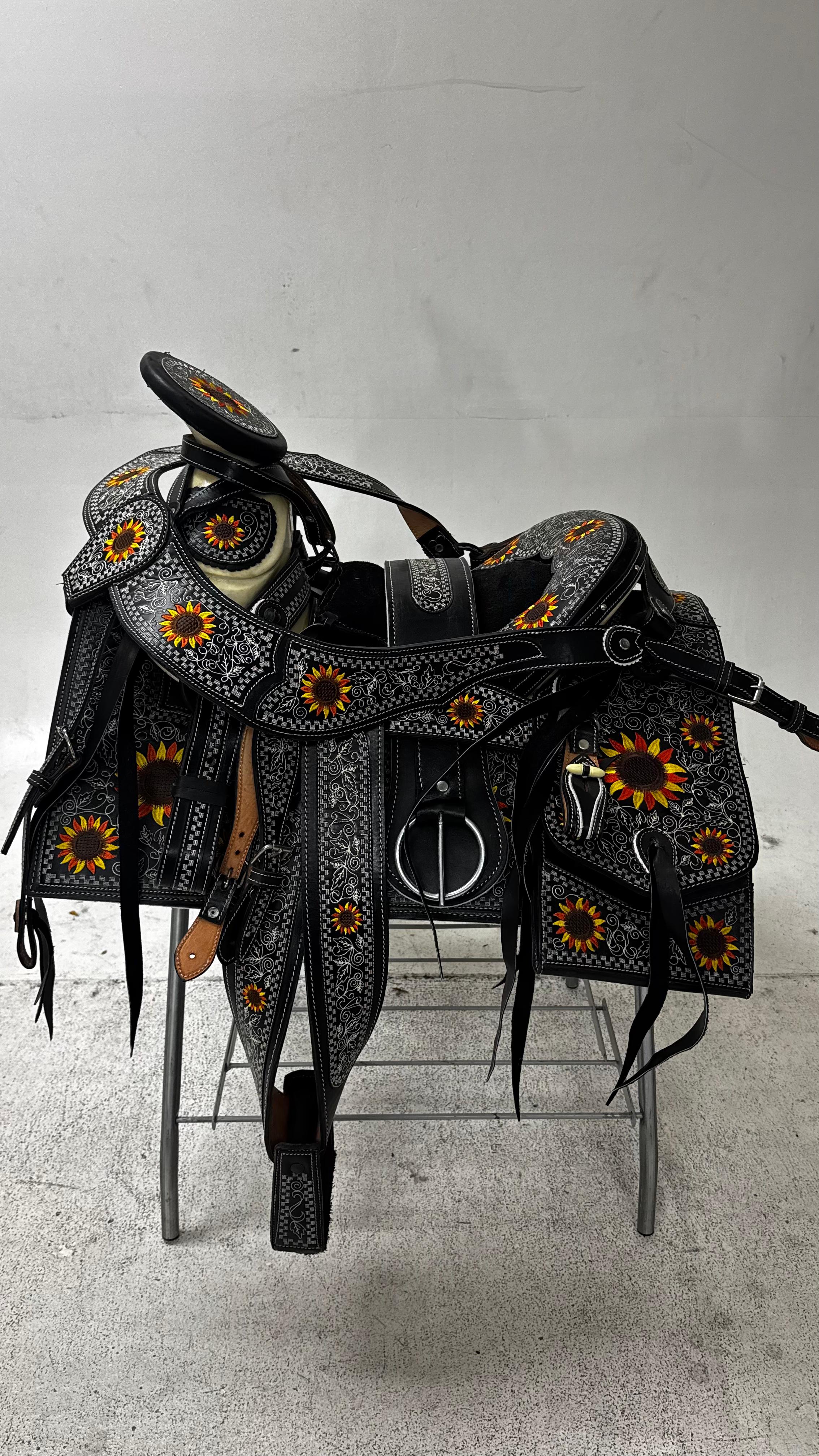 Charro Saddle – Black Bordada with Sunflower Embroidery & Silver Detailing (15.5”) “La Solara”