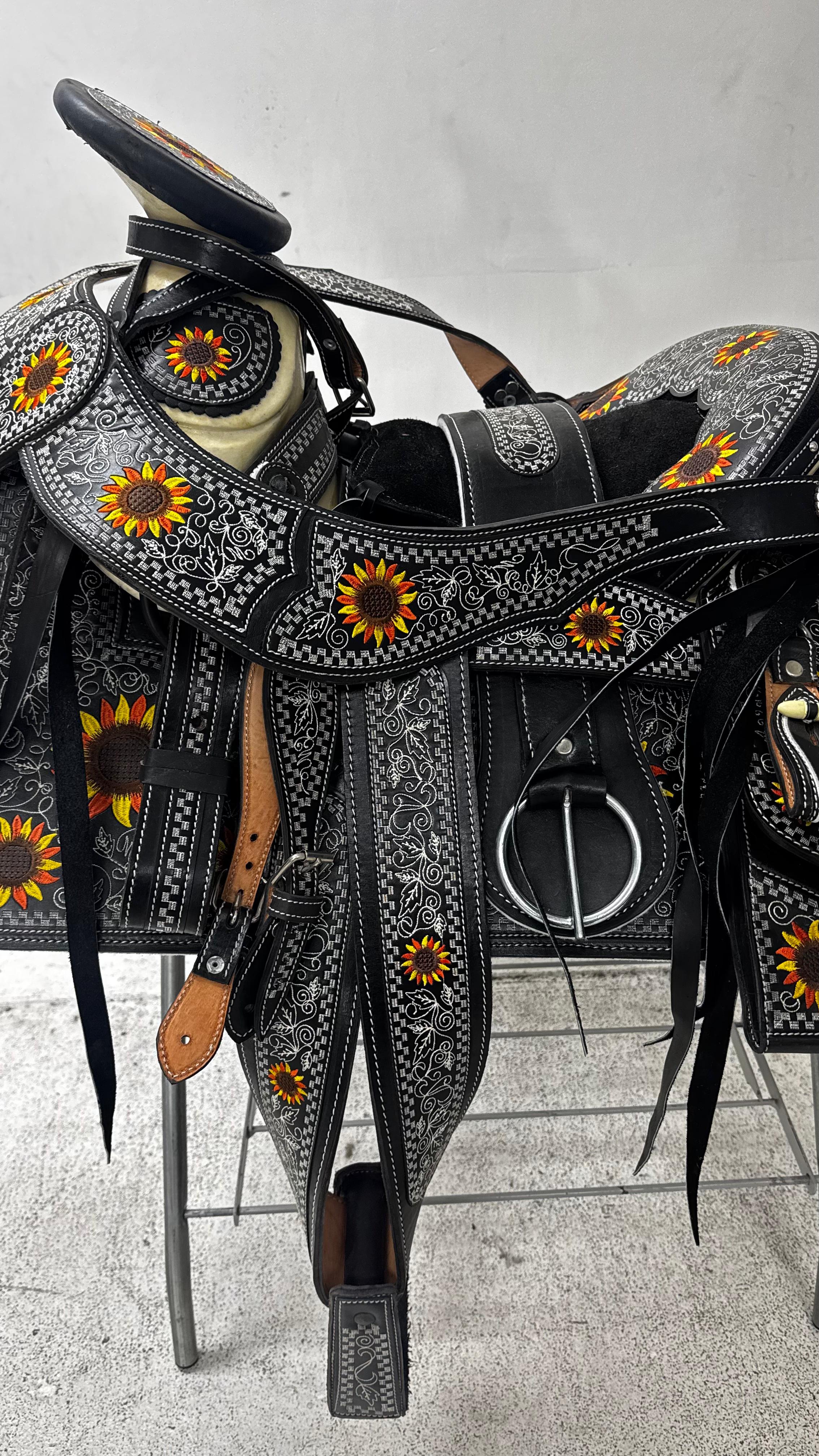 Charro Saddle – Black Bordada with Sunflower Embroidery & Silver Detailing (15.5”) “La Solara”
