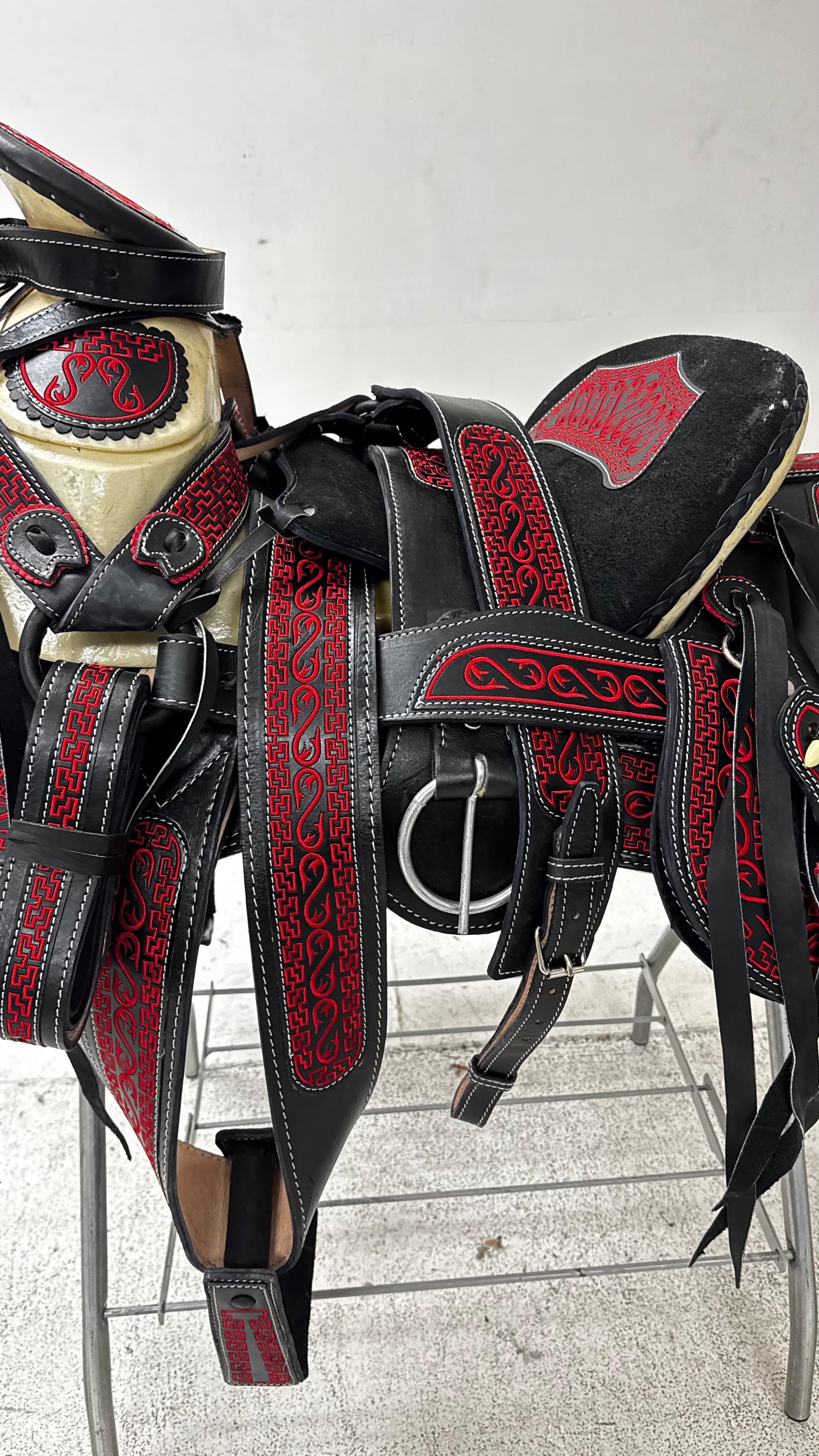 Charro Saddle – Black Bordada with Red Embroidery & Greek Pattern Accents (15.5”) “El Diablo”