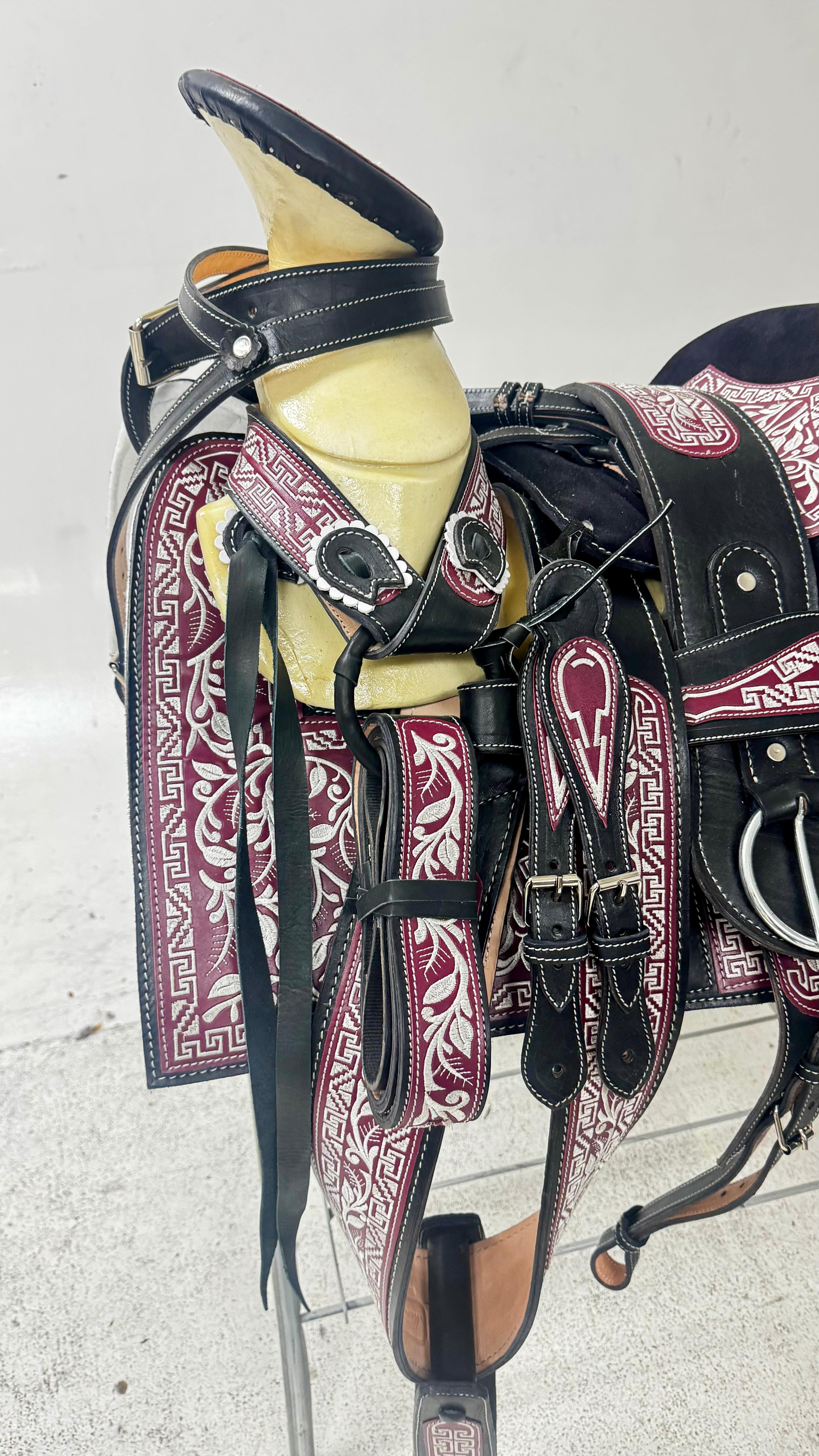 Charro Saddle - Black & Burgundy Floral 15.5"