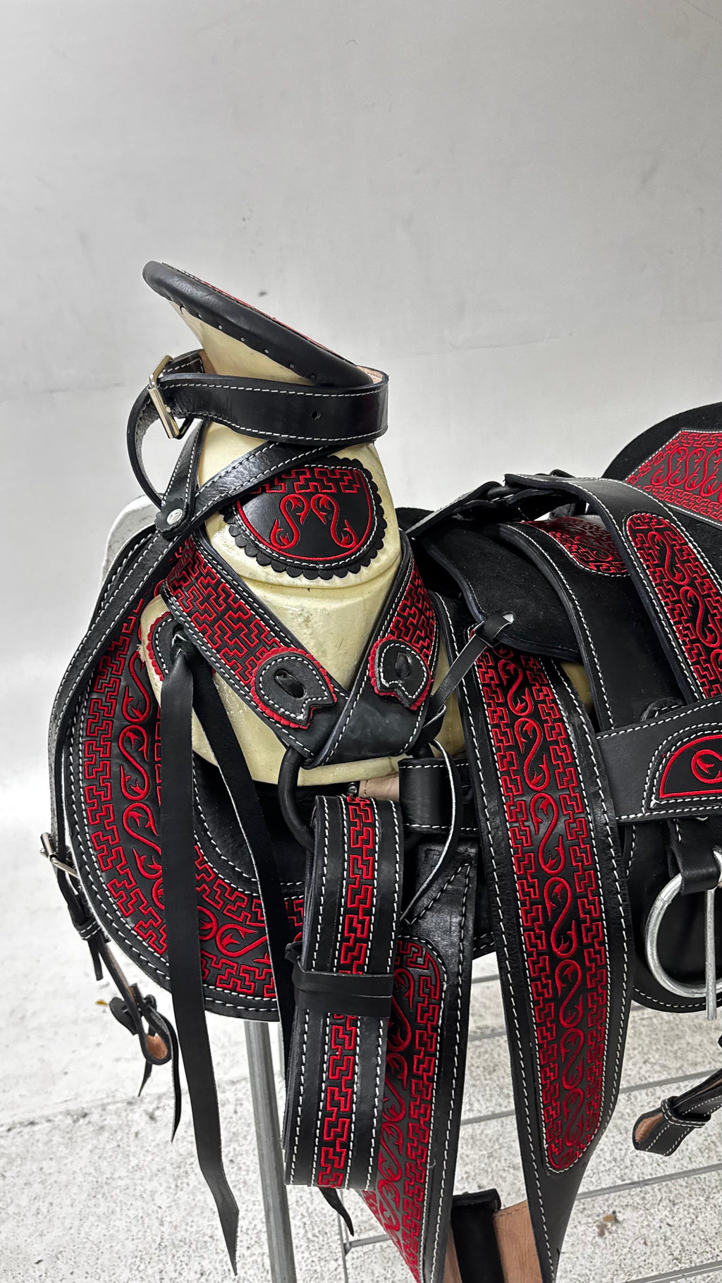 Charro Saddle – Black Bordada with Red Embroidery & Greek Pattern Accents (15.5”) “El Diablo”