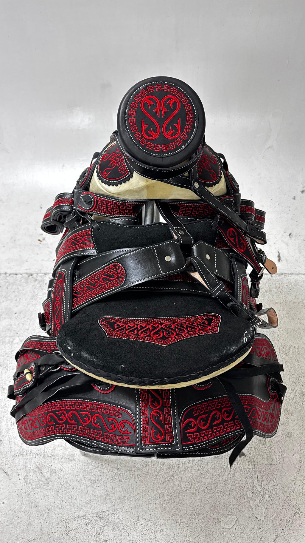 Charro Saddle – Black Bordada with Red Embroidery & Greek Pattern Accents (15.5”) “El Diablo”