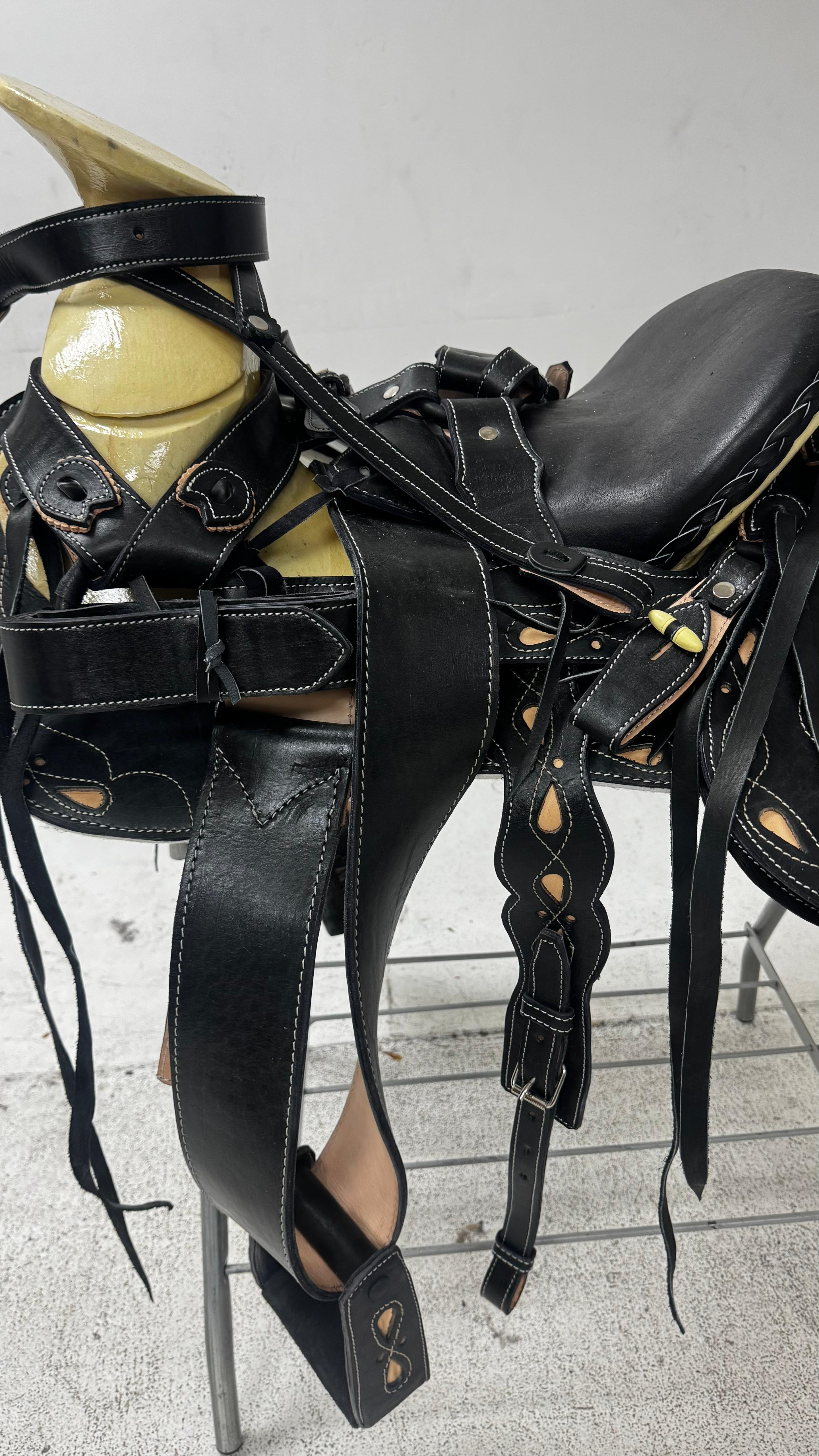 Charro Saddle – Black Leather with Tan Inlays & Contrast Stitching (15.5”) “La Sombra”