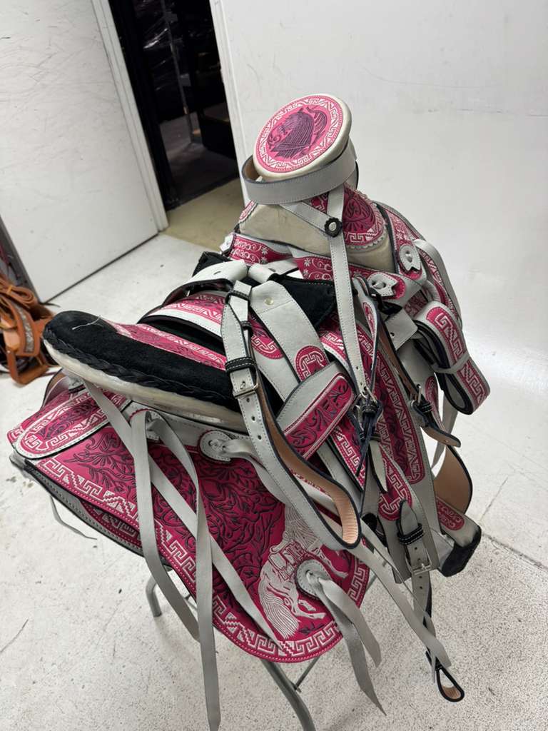 Charro Saddle 15.5” – Blanco Bordado Rosa – Set Completo