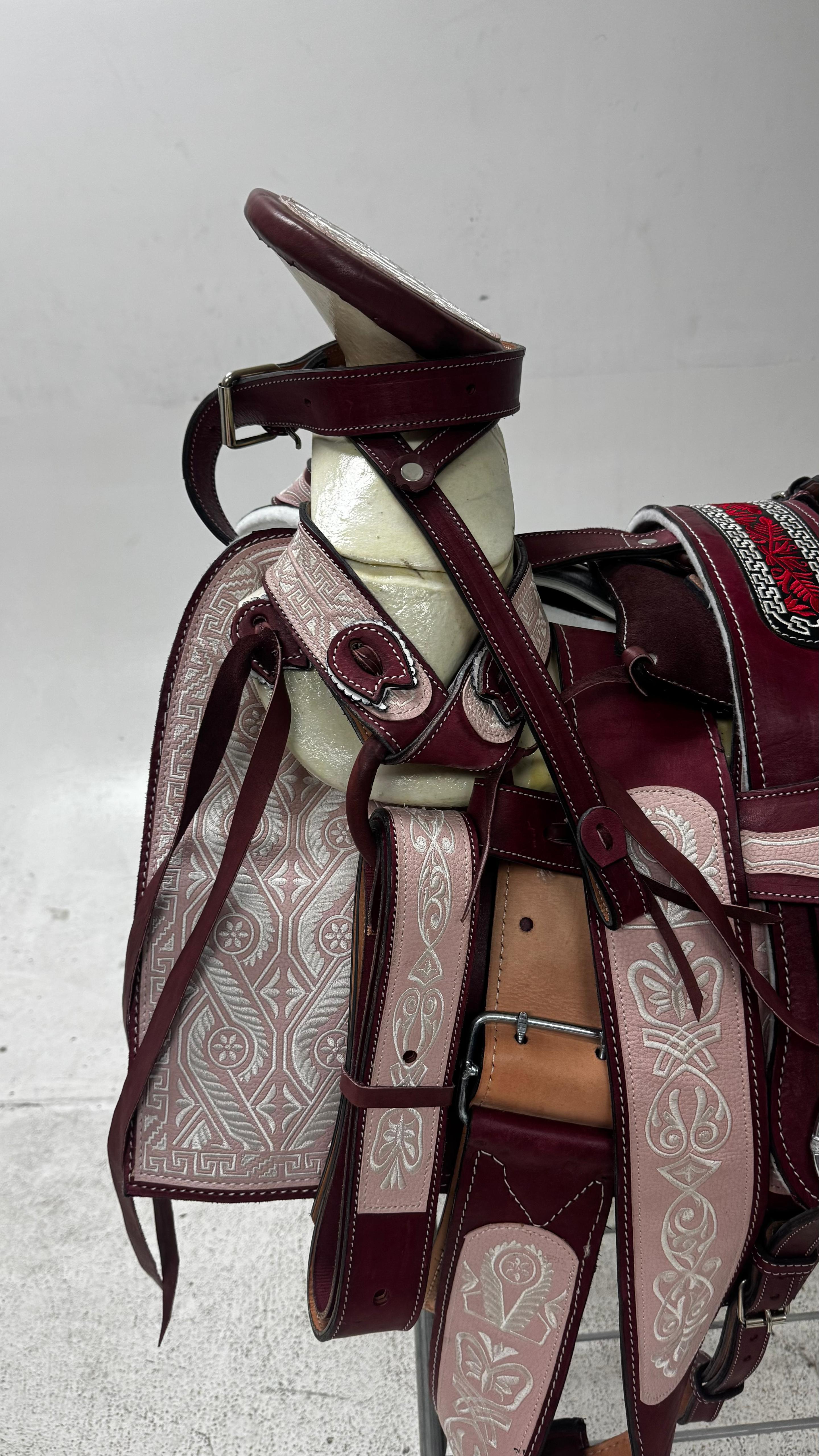 Charro Saddle – Burgundy Leather with Silver Bordado Accents (15.5”) “El Hidalgo”