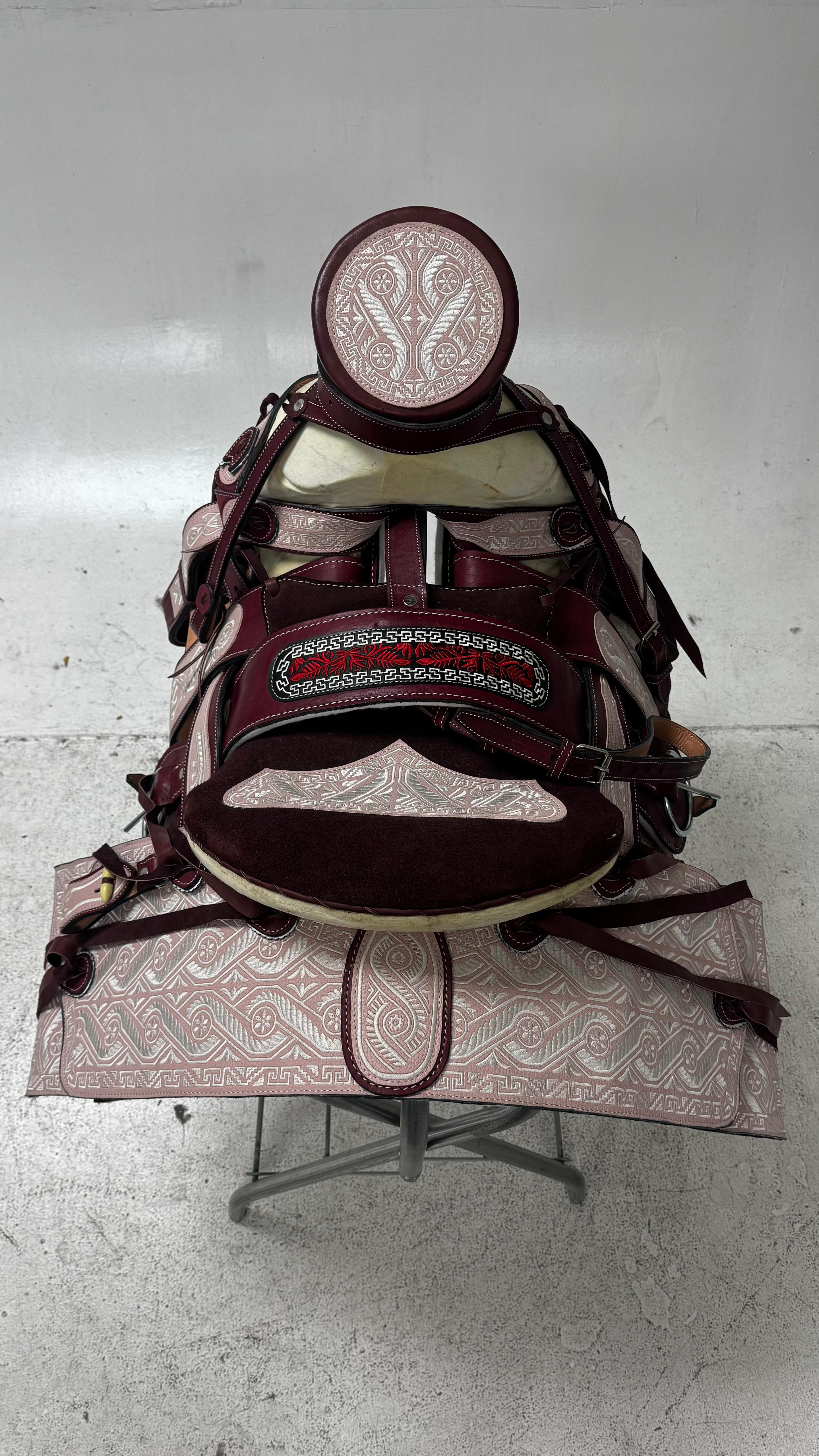 Charro Saddle – Burgundy Leather with Silver Bordado Accents (15.5”) “El Hidalgo”