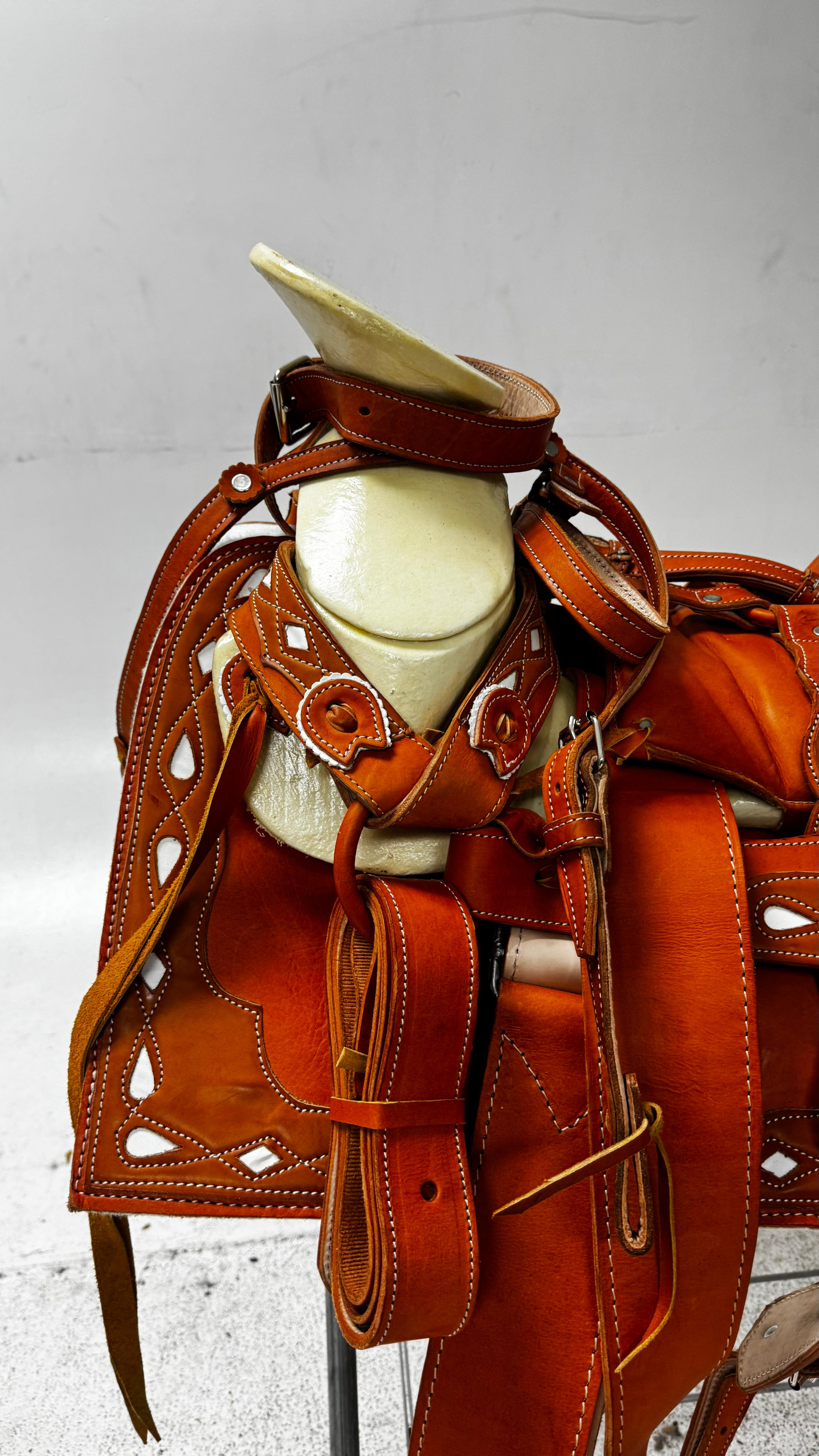 Charro Saddle – Natural Tan Leather with Cutout Detailing (15.5”) “El Vaquero”