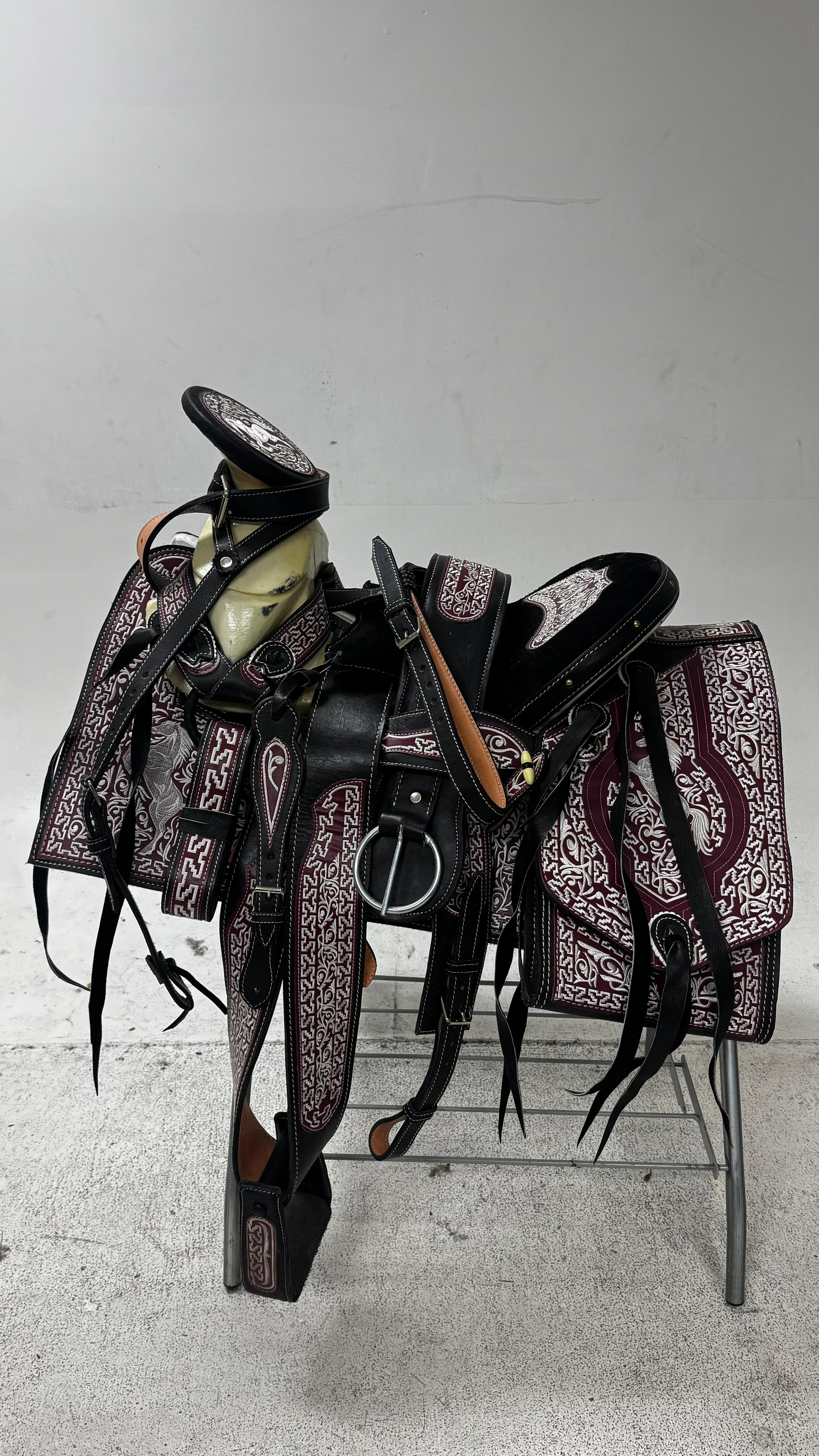 Charro Saddle – Black Leather with Burgundy & White Embroidery (15.5”) “El Potro”
