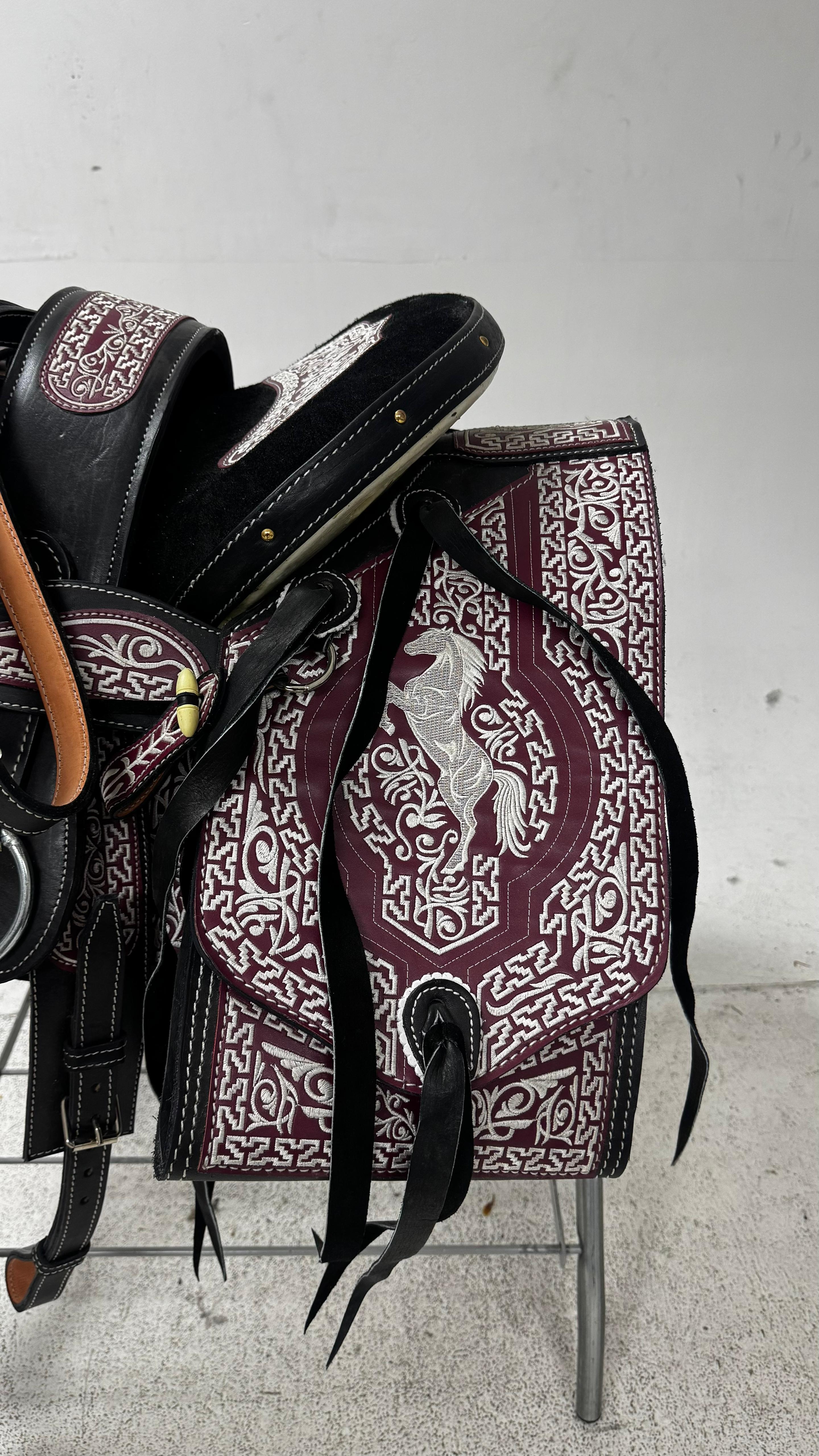 Charro Saddle – Black Leather with Burgundy & White Embroidery (15.5”) “El Potro”