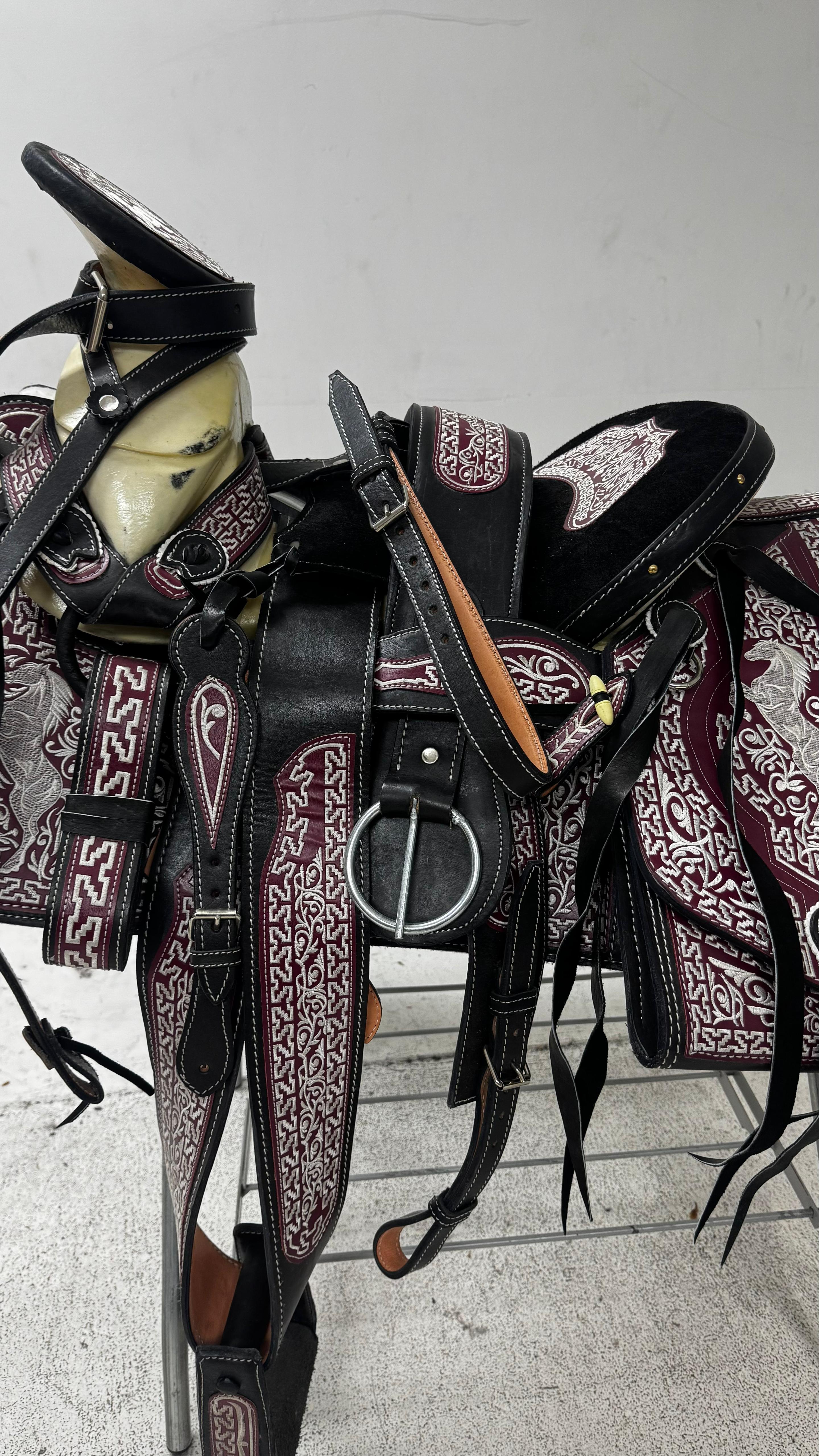 Charro Saddle – Black Leather with Burgundy & White Embroidery (15.5”) “El Potro”