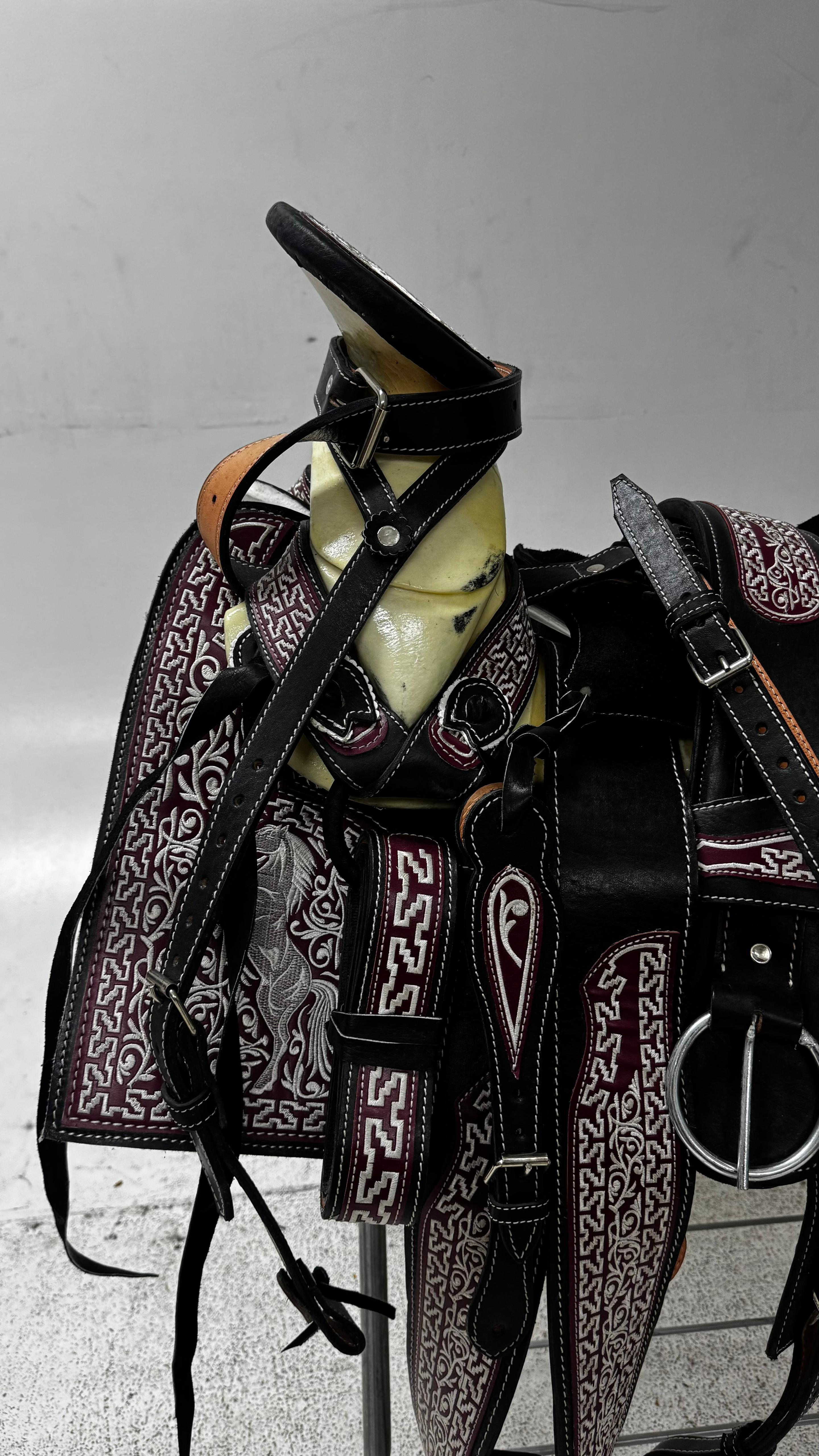 Charro Saddle – Black Leather with Burgundy & White Embroidery (15.5”) “El Potro”